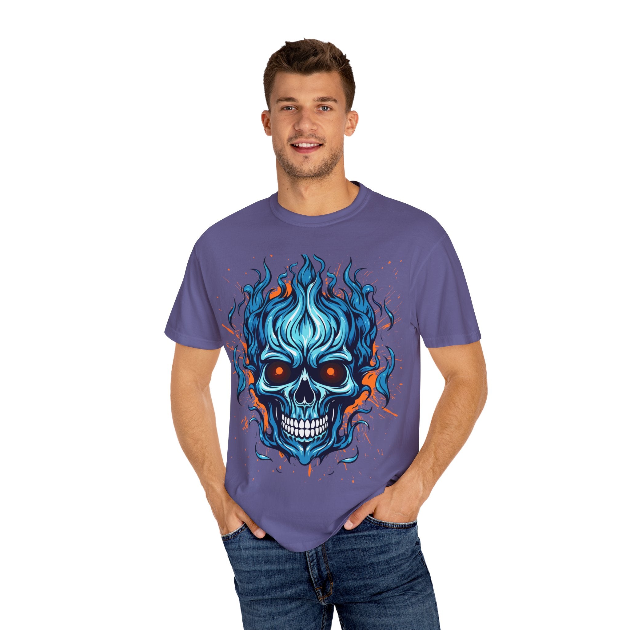 Flaming Skull T-Shirt, Unisex Graphic Tee, Edgy Casual Wear, Halloween Apparel, Gift for Rock Music Fans