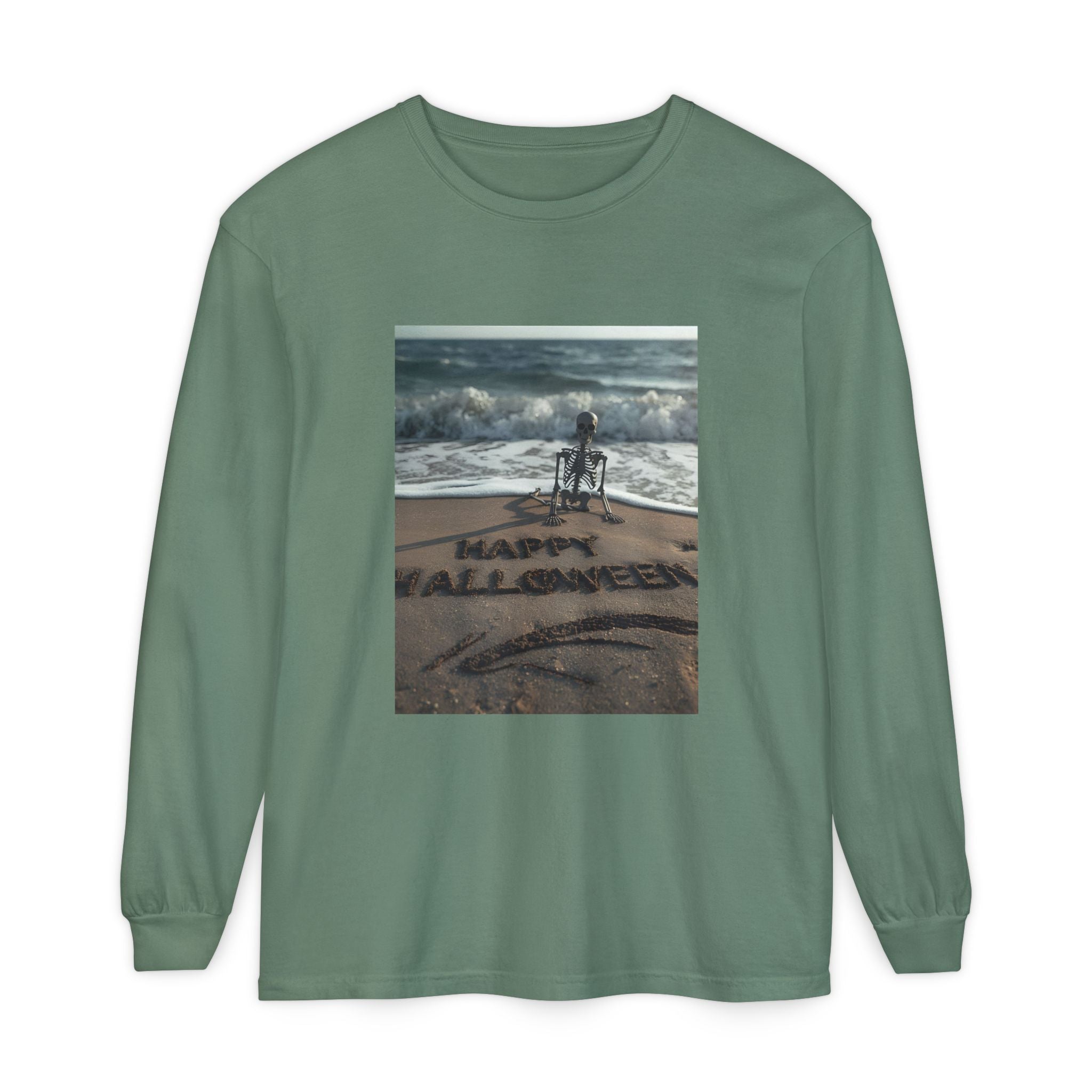 Happy Halloween Beach Skeleton Vibes Unisex Garment-dyed Long Sleeve T-Shirt
