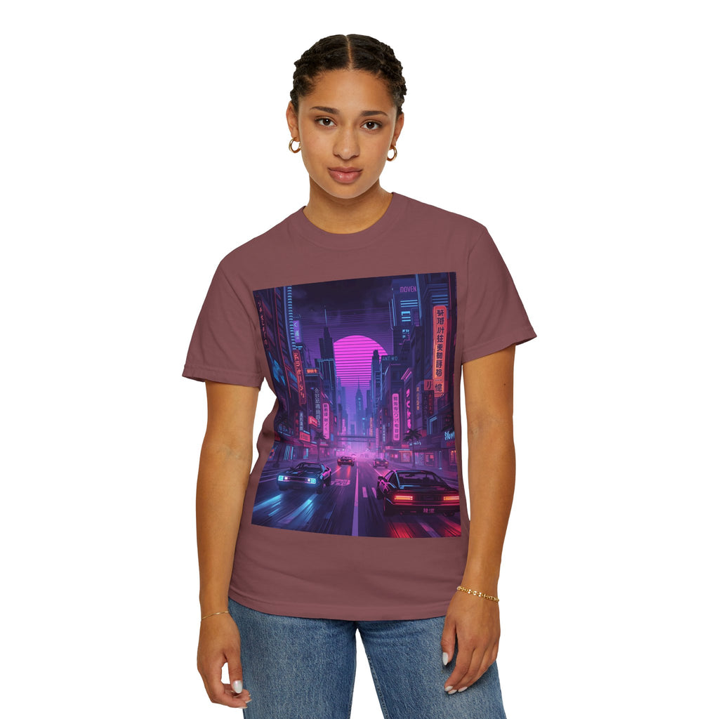Futuristic Neon Cityscape T-Shirt, Retro Graphic Tee, Unisex Streetwear, Urban Vibe Shirt, Gift for Gamers, Summer Outfit