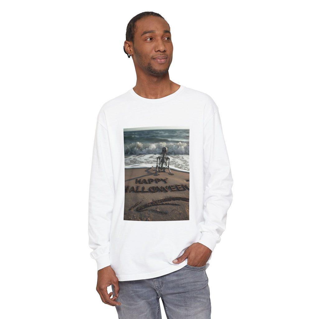 Happy Halloween Beach Skeleton Vibes Unisex Garment-dyed Long Sleeve T-Shirt
