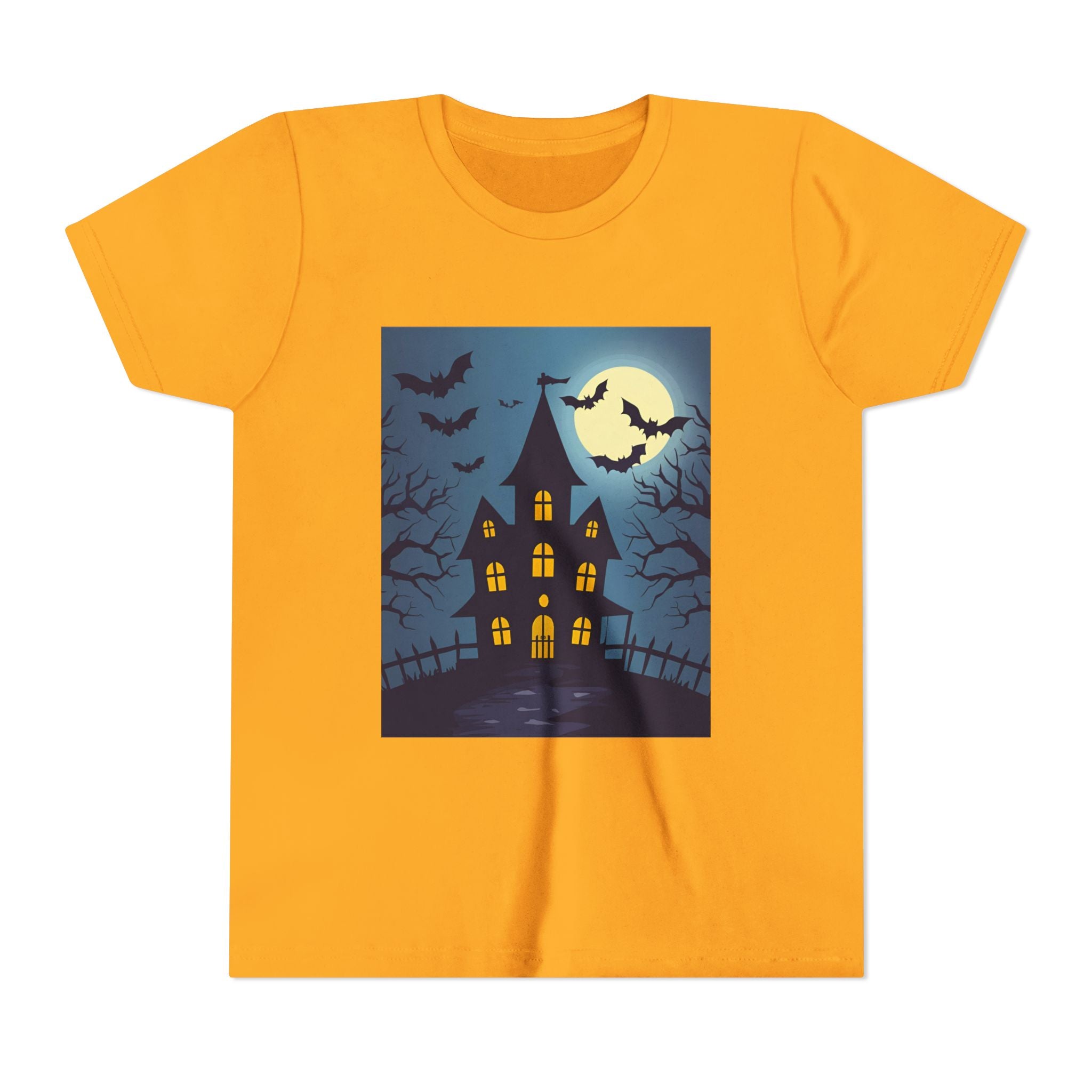 Spooky Halloween Haunted House Youth Tee, Kids Ghost T-Shirt, Haunted House Apparel, Bat Design Shirt, Trick or Treat Clothing