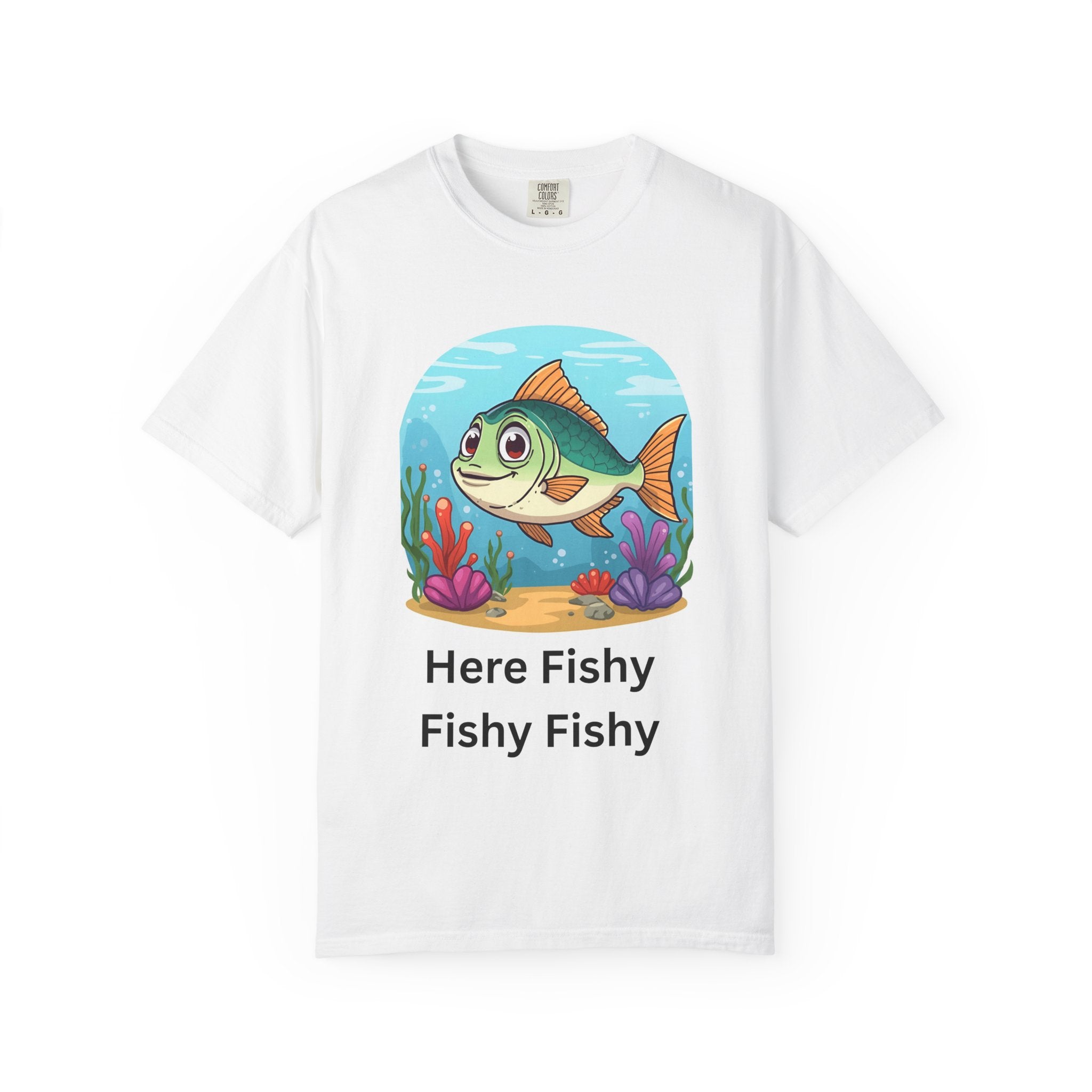Here Fishy Fishy Fishy Colorful Fish-Themed Unisex T-Shirt, Fun Graphic Tee for Kids and Adults, Perfect for Summer, Fishing Trips, and Gift Giving