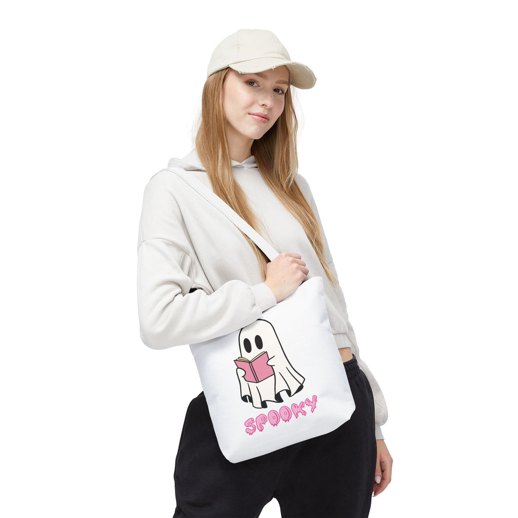 Spooky Ghost Reading Tote Bag | Halloween Accessory, Cute Book Lover Gift, Eco-Friendly, Shopping Bag, AOP Design