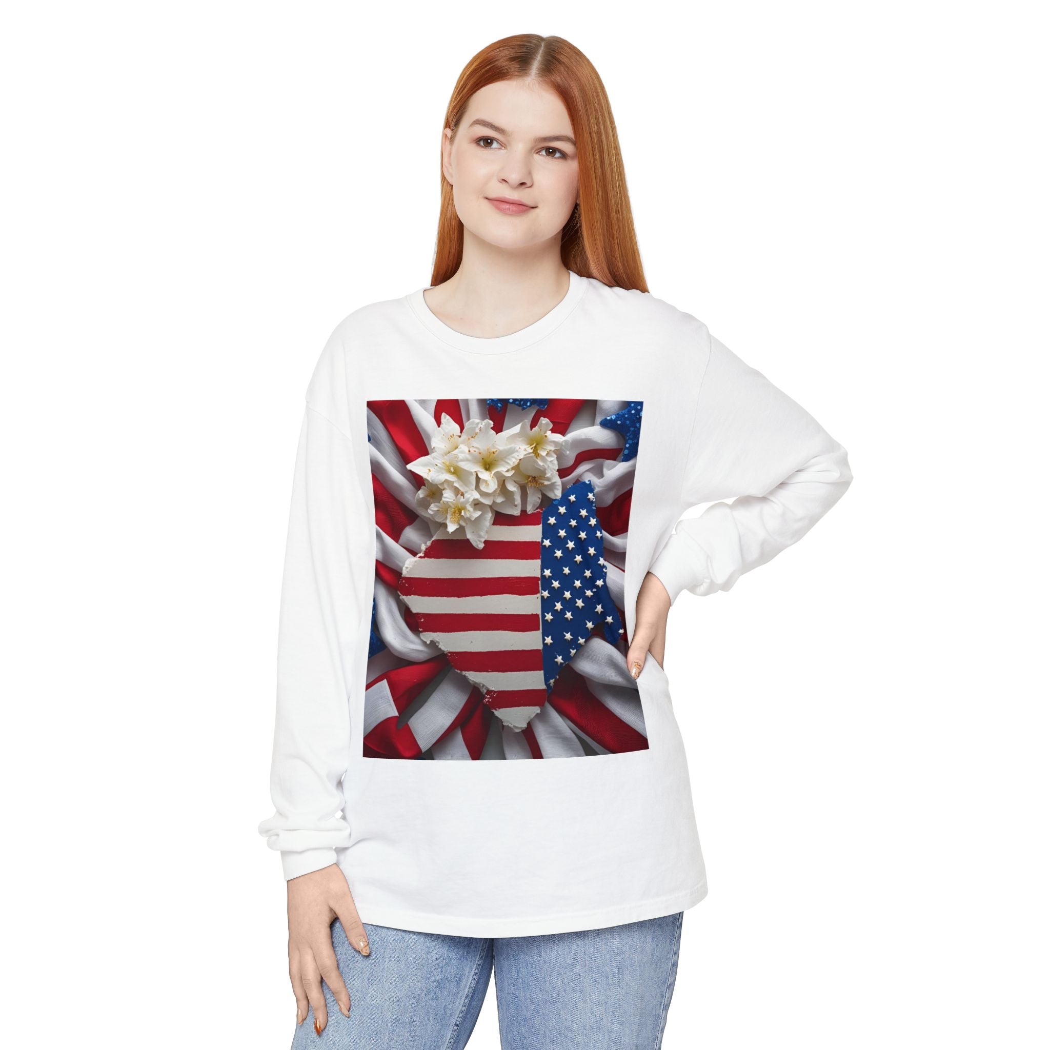 Patriotic Long Sleeve T-Shirt | Unisex Garment-Dyed Tee for Independence Day, Memorial Day, Fourth of July, Summer BBQs, Gifts