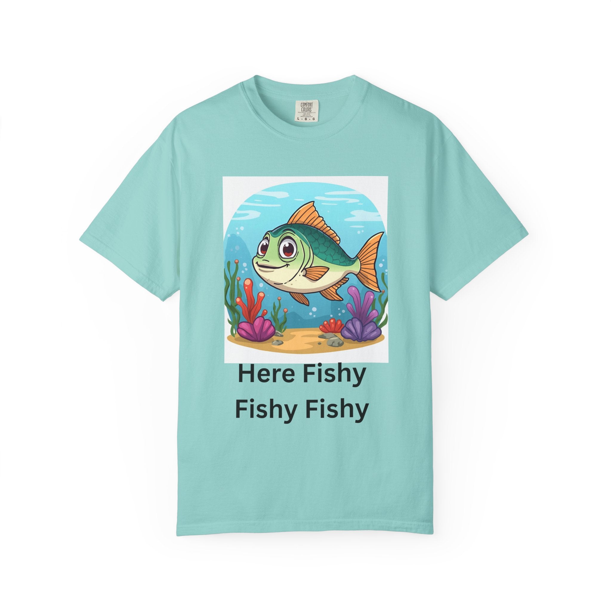 Here Fishy Fishy Fishy Colorful Fish-Themed Unisex T-Shirt, Fun Graphic Tee for Kids and Adults, Perfect for Summer, Fishing Trips, and Gift Giving