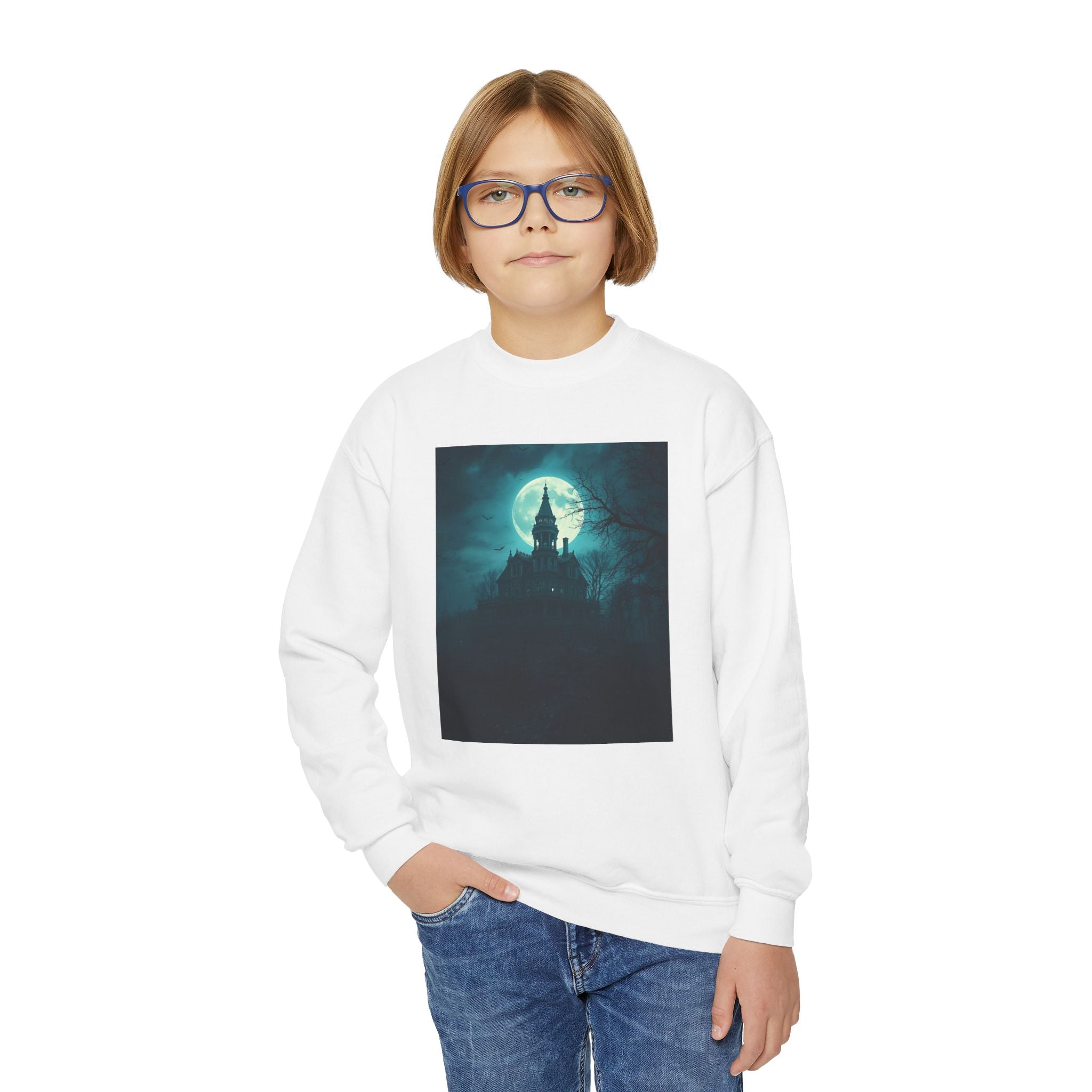 Haunted Moonlight Spooky Castle Youth Crewneck Sweatshirt | Halloween Gift, Cozy Sweatshirt for Kids, Unique Graphic Sweatshirt, Autumn Wardrobe Essential