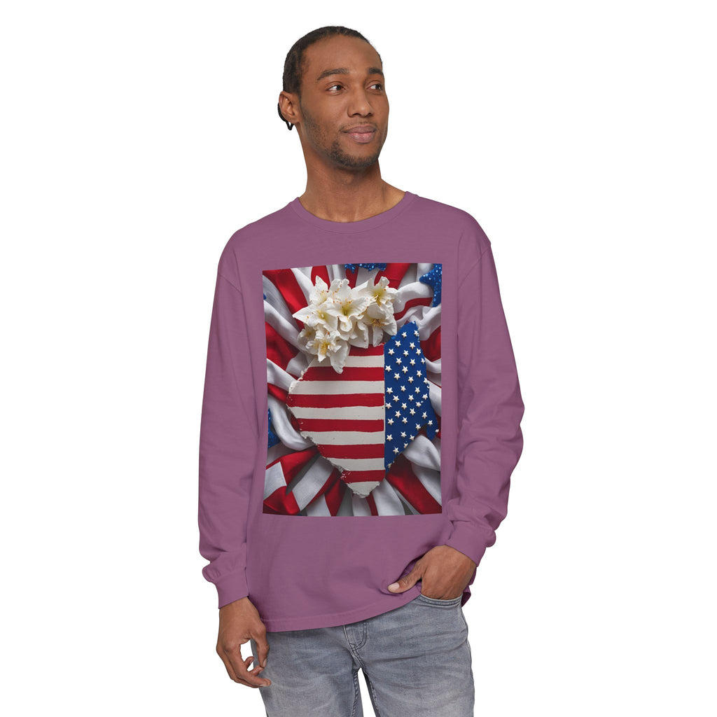 Patriotic Long Sleeve T-Shirt | Unisex Garment-Dyed Tee for Independence Day, Memorial Day, Fourth of July, Summer BBQs, Gifts