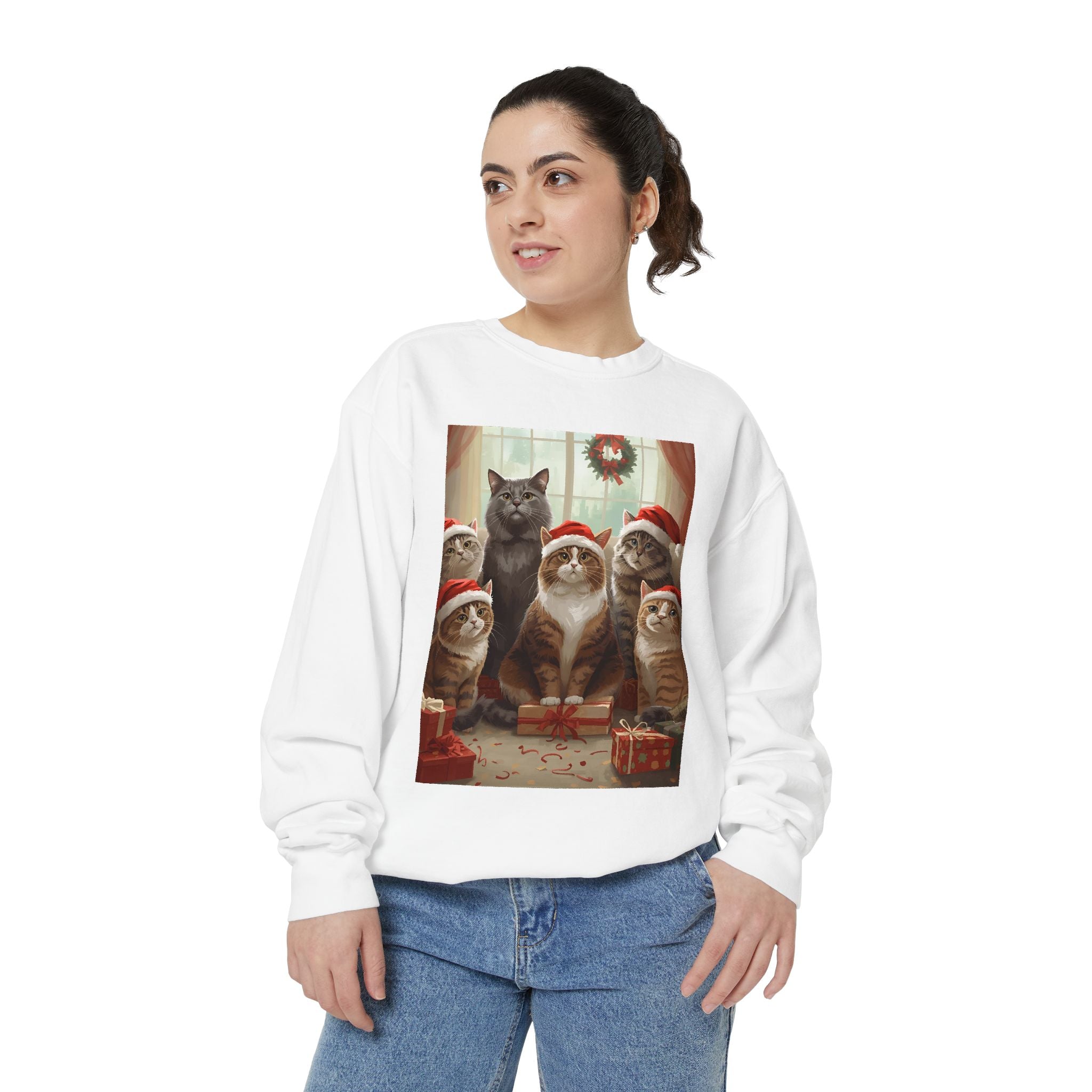 Cute Christmas Cat Festive Sweatshirt - Cozy Cat Christmas Pullover, Holiday Gift, Cat Lover Apparel, Unisex Sweatshirt, Cute Animal Sweater