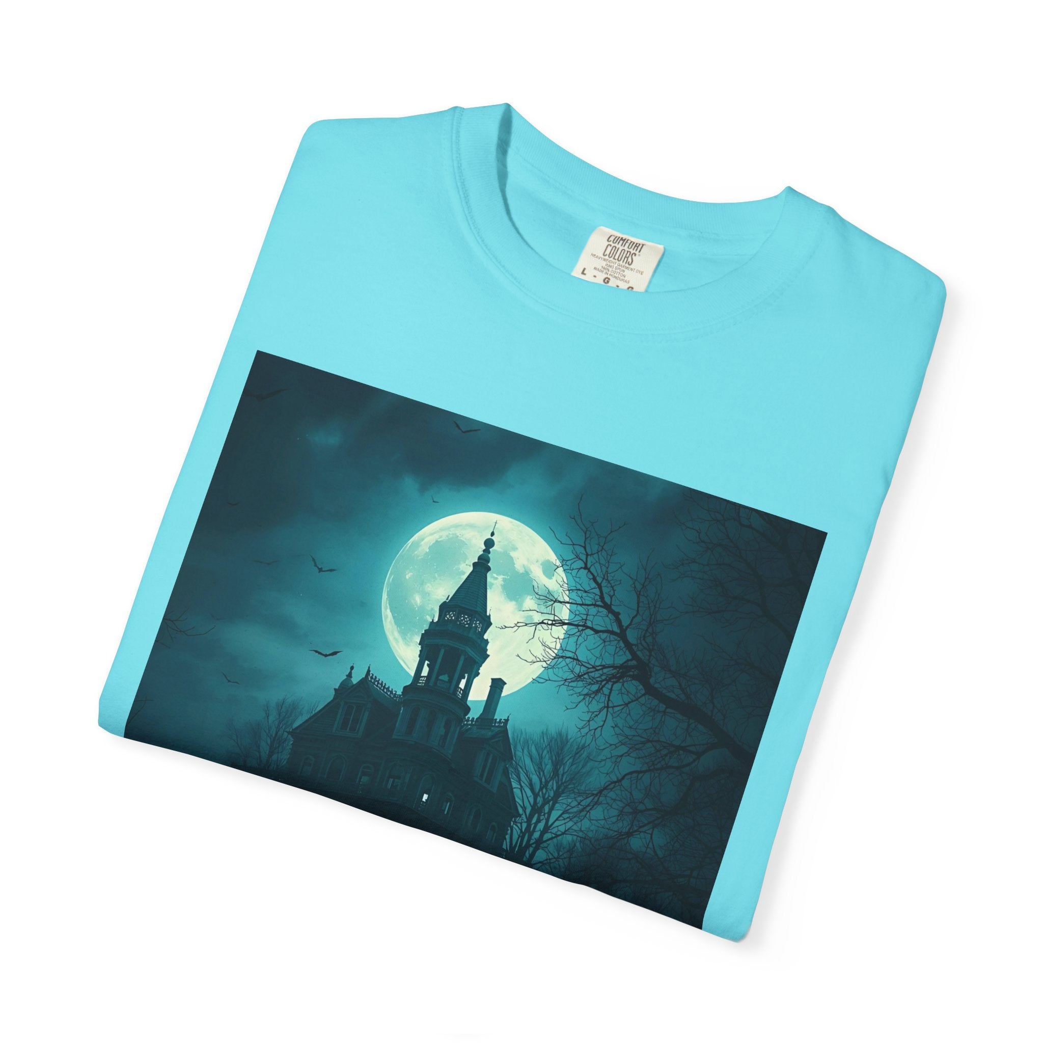 Haunted Moonlight Spooky Castle Graphic Tee | Unisex Garment-Dyed T-shirt, Halloween Shirt, Graphic Tee, Casual Wear, Gift for Ghost Lovers
