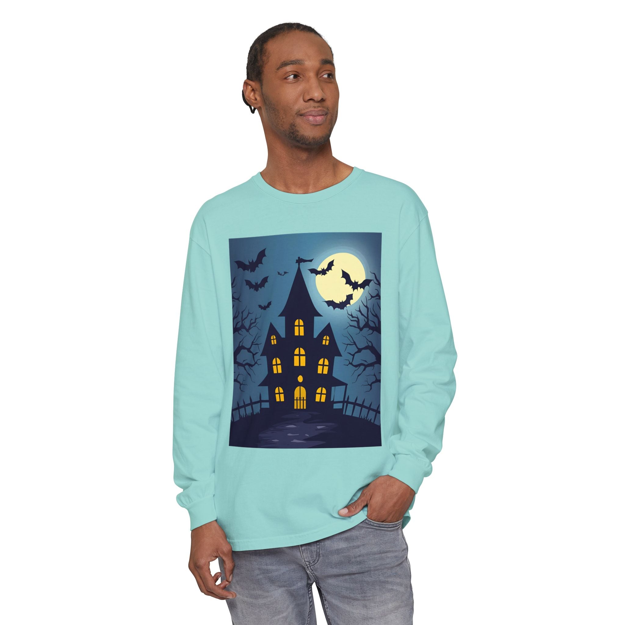Haunted House Long Sleeve T-Shirt | Halloween Apparel, Fall Fashion, Spooky Shirt, Unisex Tee, Ghostly Vibes