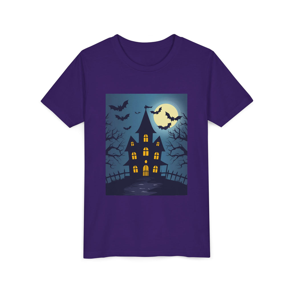 Spooky Halloween Haunted House Youth Tee, Kids Ghost T-Shirt, Haunted House Apparel, Bat Design Shirt, Trick or Treat Clothing