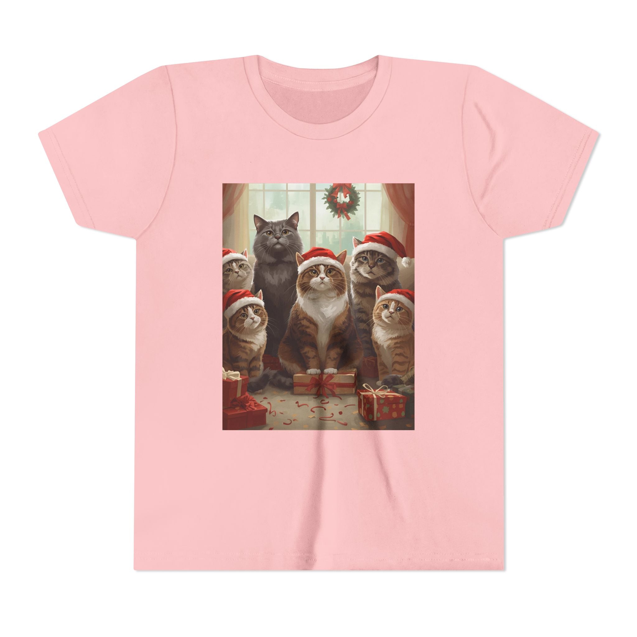 Cute Festive Christmas Cat Youth Short Sleeve Tee