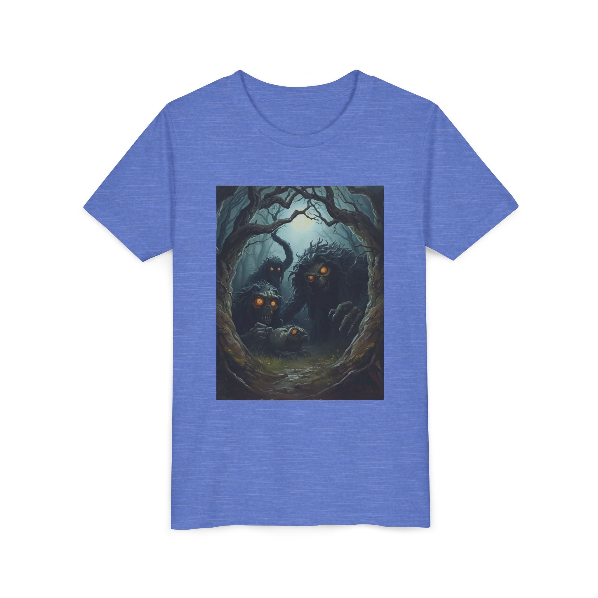 Spooky Mystical Forest Creatures Youth Tee, Cool Graphic T-Shirt, Kids Nature Shirt, Unique Gift for Boys & Girls, Perfect for Halloween
