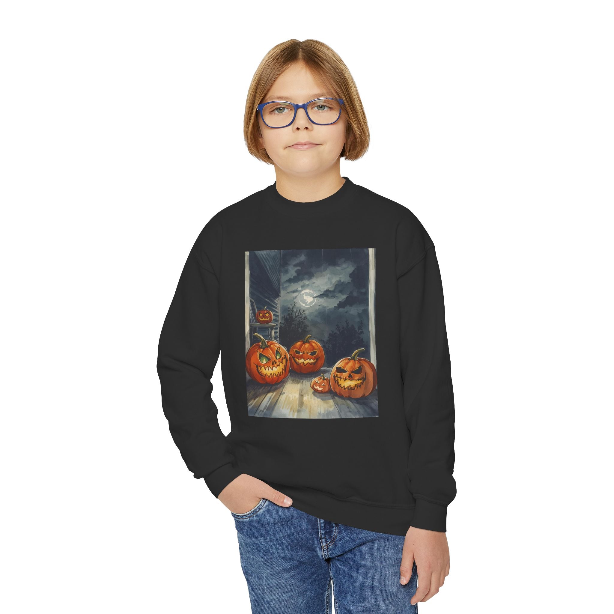 Halloween Pumpkin  Youth Crewneck Sweatshirt, Cozy Fall Sweatshirt, Kids Halloween Apparel, Pumpkin Sweatshirt, Spooky Season Top