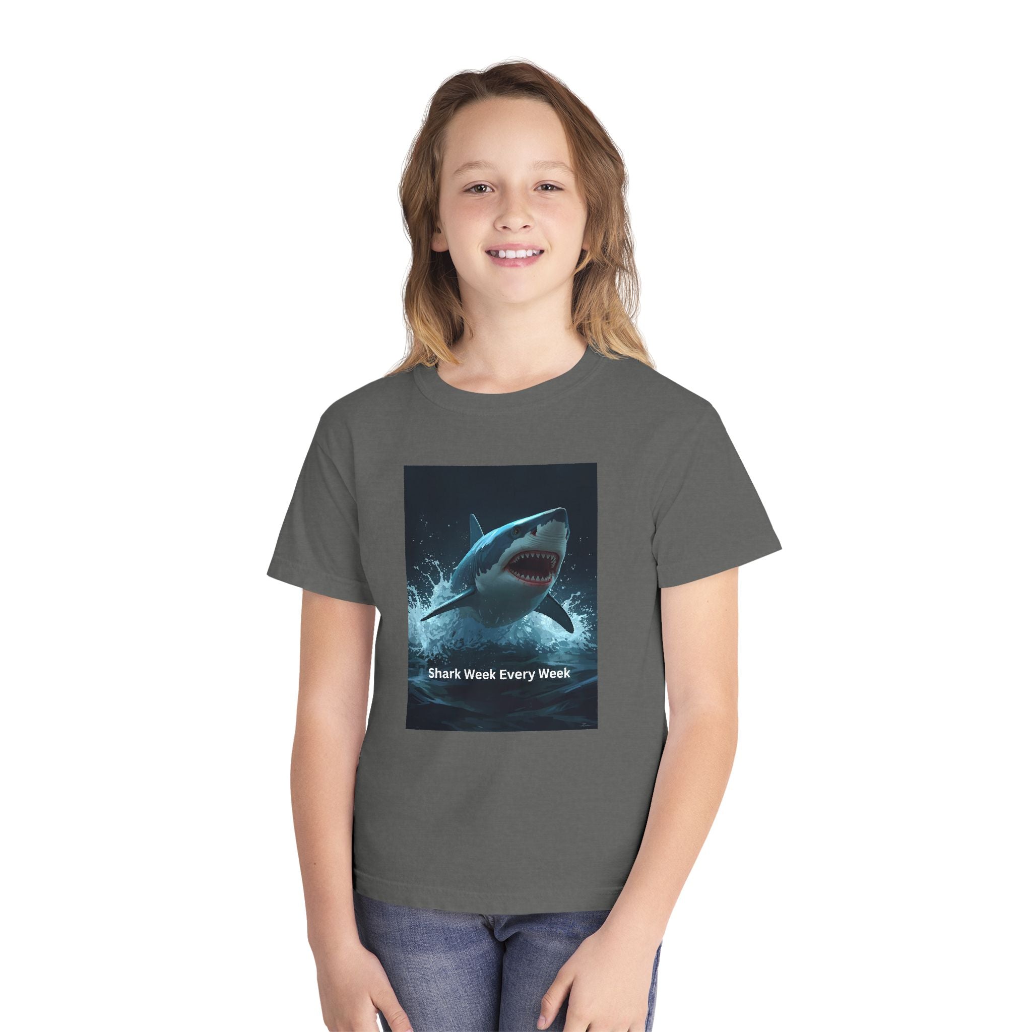 Shark Week Youth Tee, Fun Shark Graphic Shirt, Kids Summer Apparel, Ocean Lover Gift, Beach Party Clothing