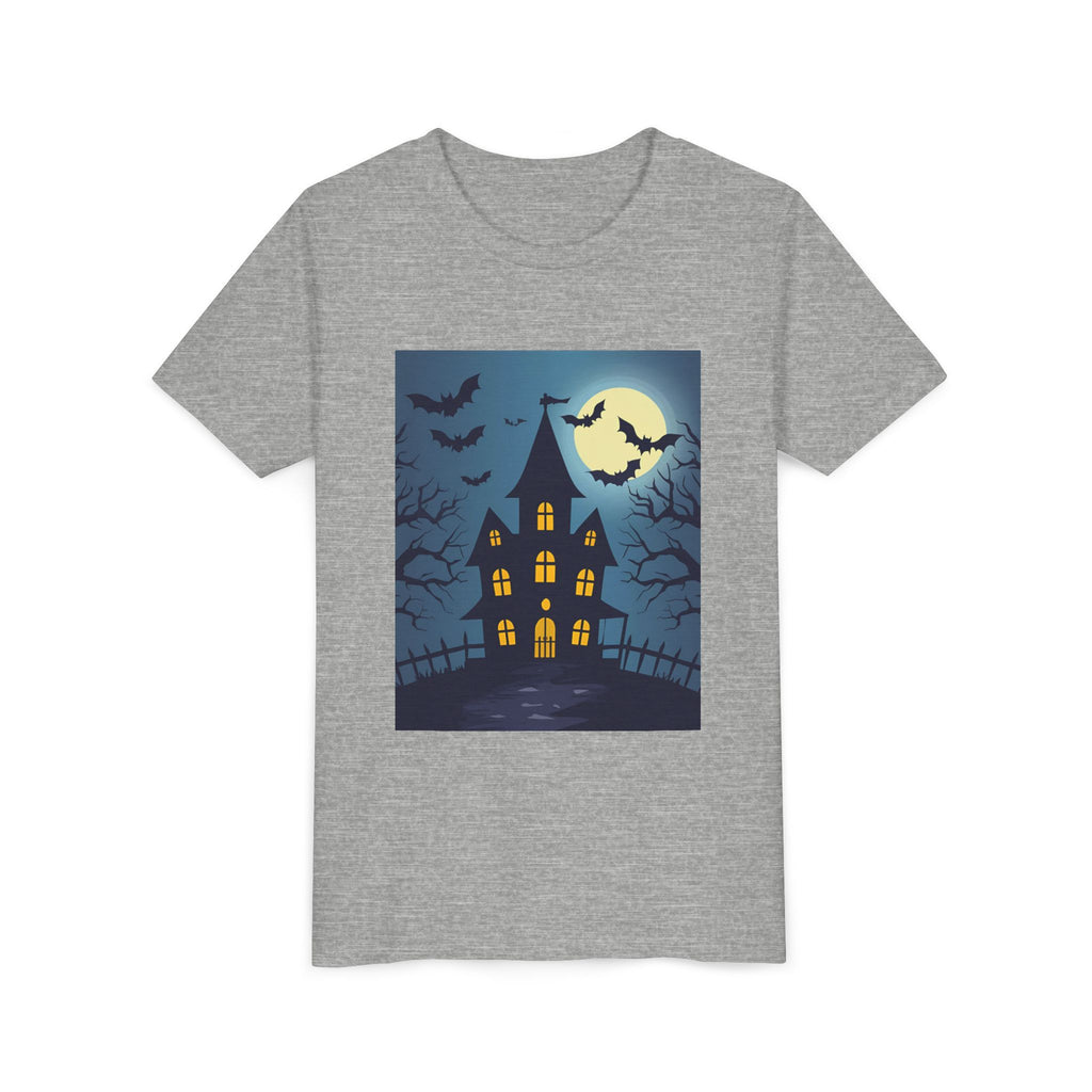 Spooky Halloween Haunted House Youth Tee, Kids Ghost T-Shirt, Haunted House Apparel, Bat Design Shirt, Trick or Treat Clothing