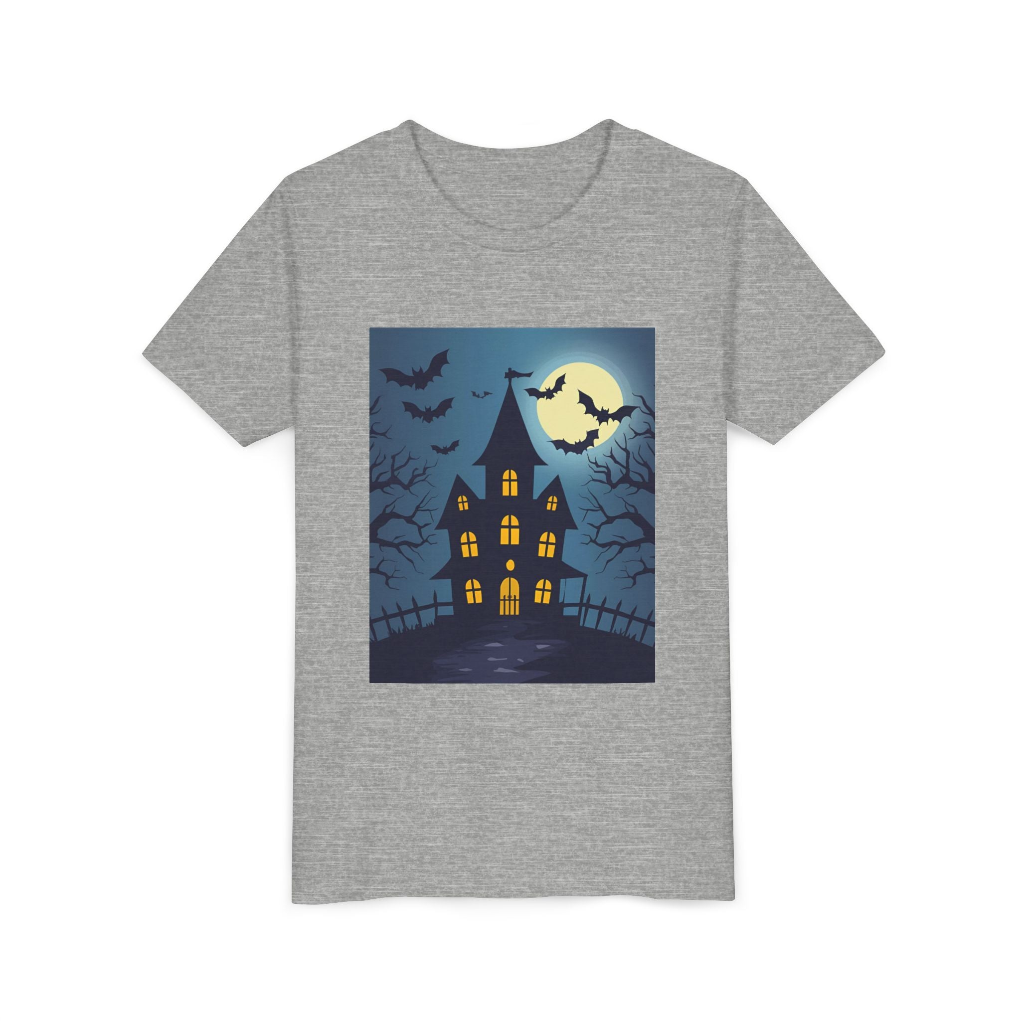 Spooky Halloween Haunted House Youth Tee, Kids Ghost T-Shirt, Haunted House Apparel, Bat Design Shirt, Trick or Treat Clothing