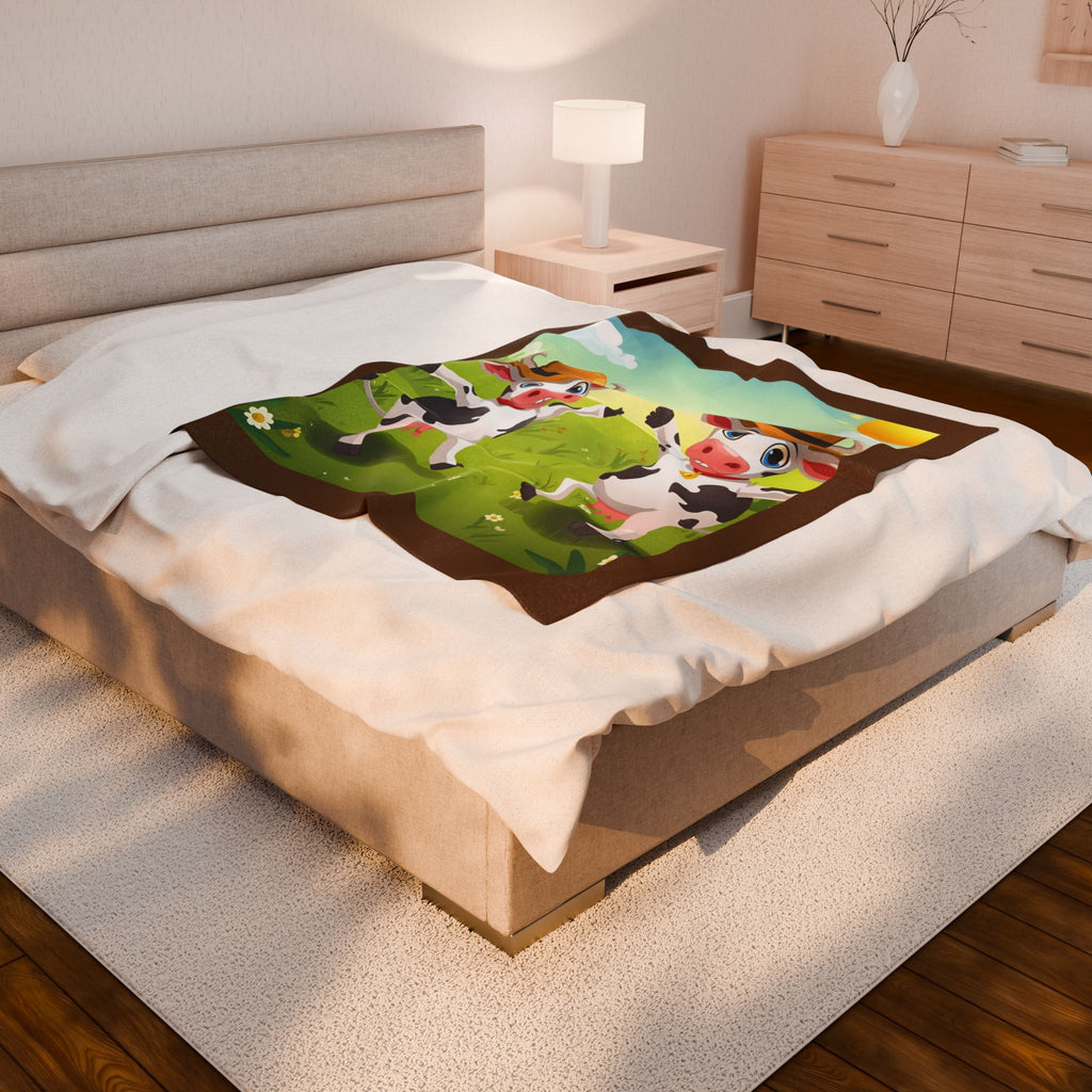 Cute Cows Farm Fun Velveteen Plush Blanket, Kids Blanket, Cow Decor, Cozy Gift, Nursery Bedding, Playroom Accessory, Animal Theme