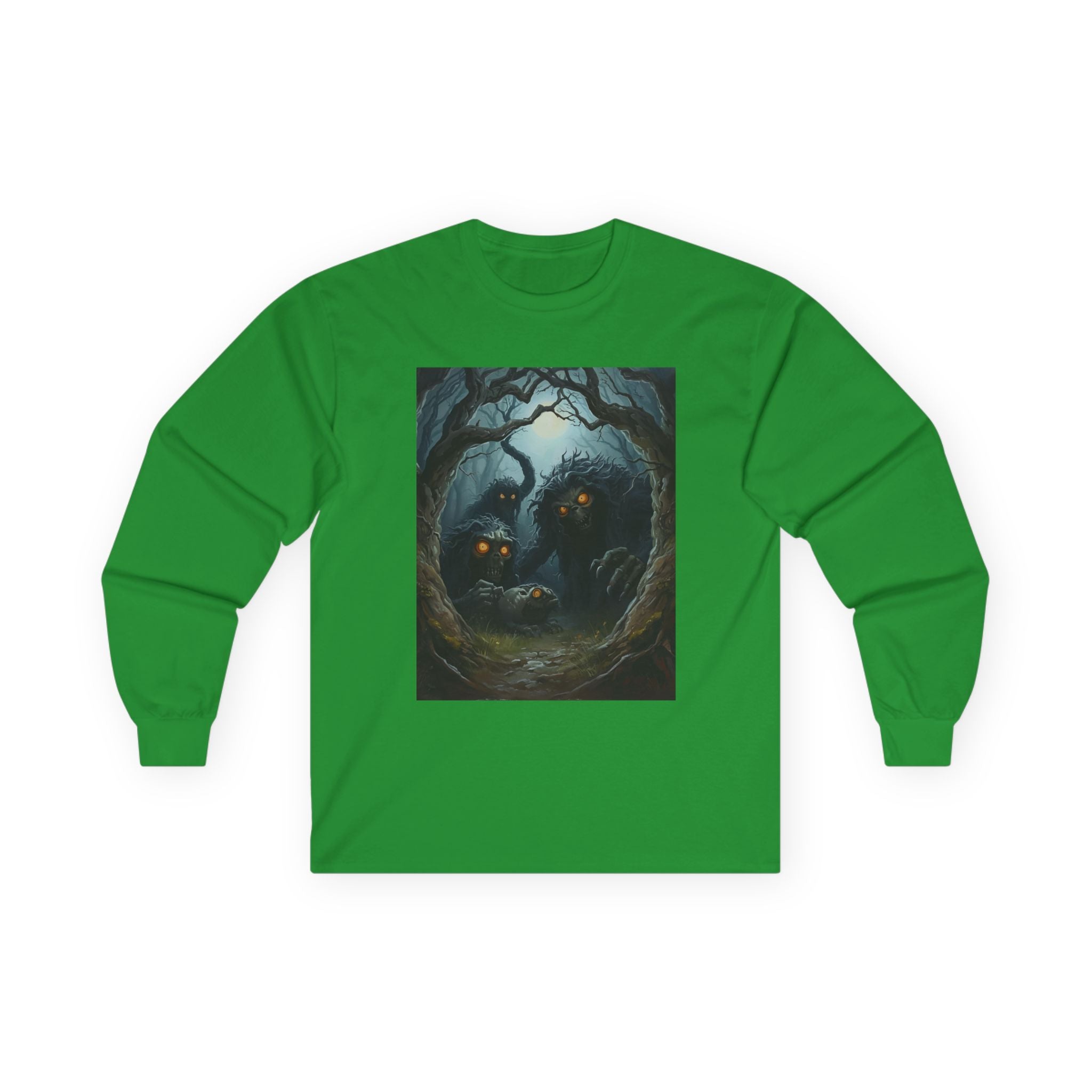 Spooky Mystical Forest Long Sleeve Tee - Cozy Unisex Shirt, Fall Fashion, Nature Lover Gift, Halloween Apparel, Unique Art Tee
