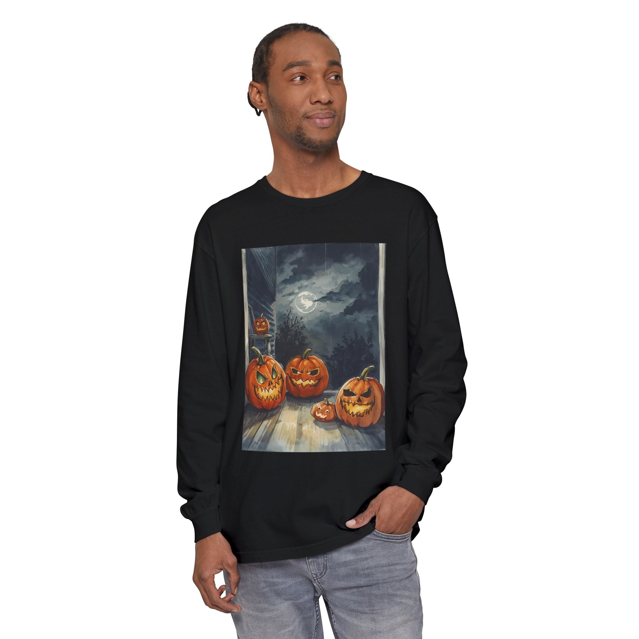 Halloween Pumpkin Scary Unisex Garment-dyed Long Sleeve T-Shirt