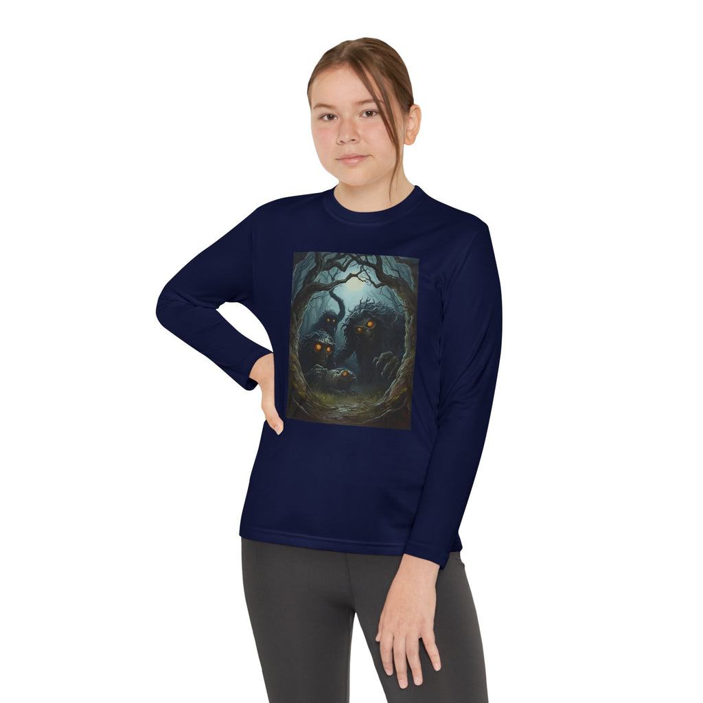 Spooky Forest Creatures Youth Long Sleeve Tee with Enchanted Forest Design, Comfortable Unisex T-Shirt for All Seasons, Perfect for Halloween and Nature Lovers