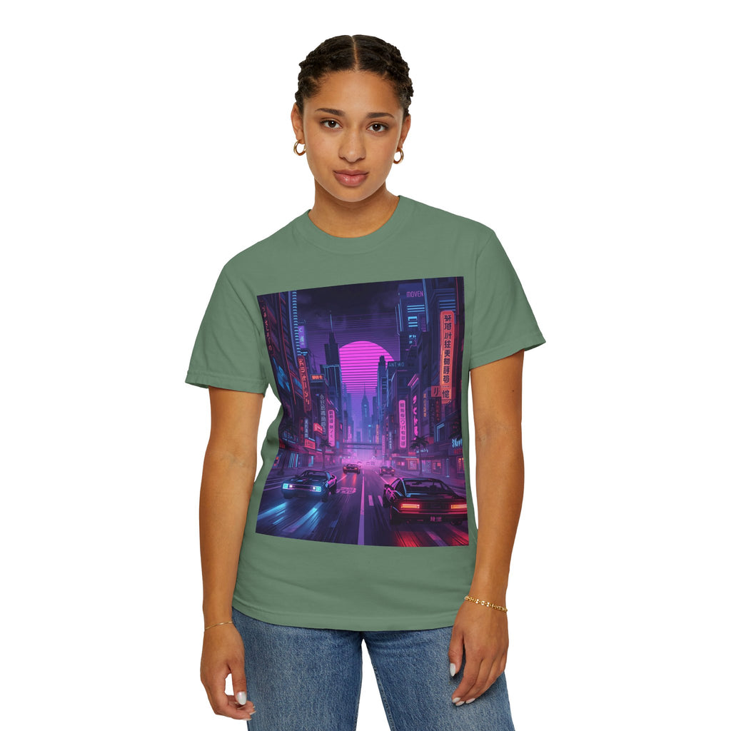 Futuristic Neon Cityscape T-Shirt, Retro Graphic Tee, Unisex Streetwear, Urban Vibe Shirt, Gift for Gamers, Summer Outfit