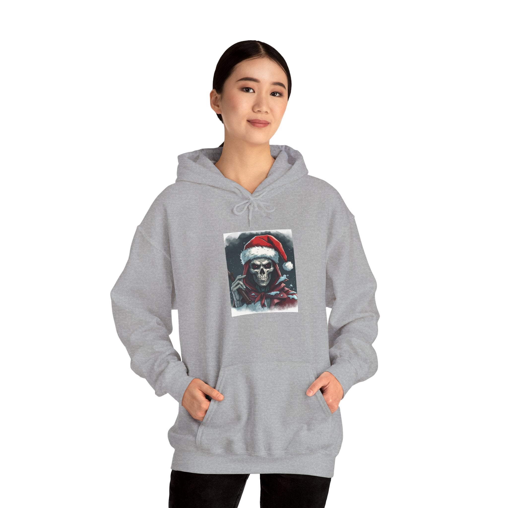 Santa Skull Hoodie, Unisex Heavy Blend Sweatshirt, Halloween Christmas Gift, Cozy Holiday Apparel, Unique Graphic Sweatshirt