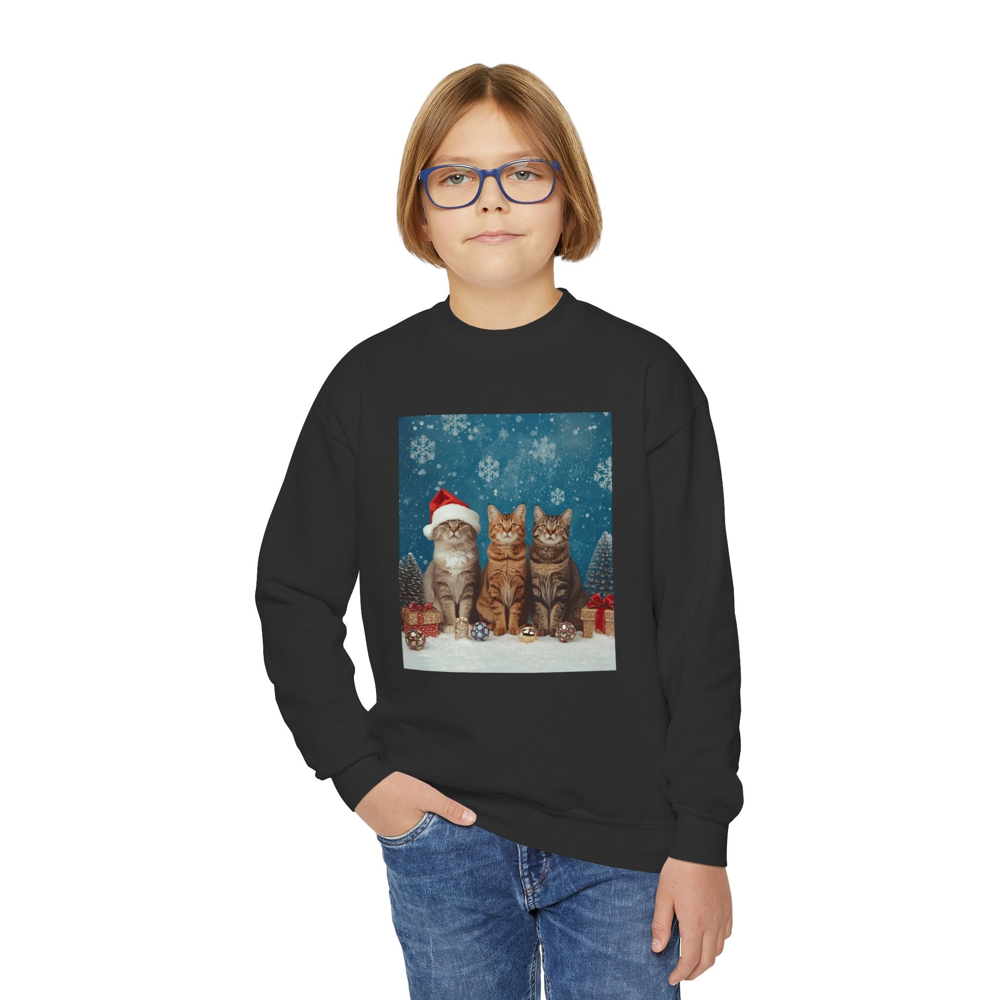 Cute Cat Festive Christmas Youth Crewneck Sweatshirt