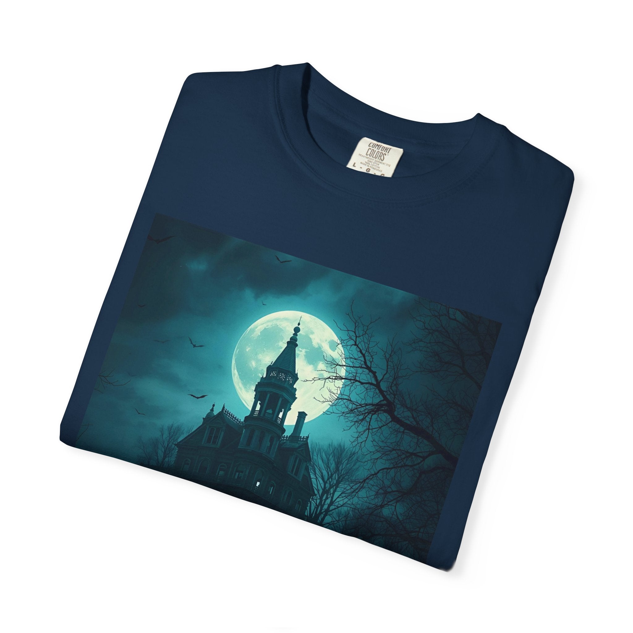 Haunted Moonlight Spooky Castle Graphic Tee | Unisex Garment-Dyed T-shirt, Halloween Shirt, Graphic Tee, Casual Wear, Gift for Ghost Lovers