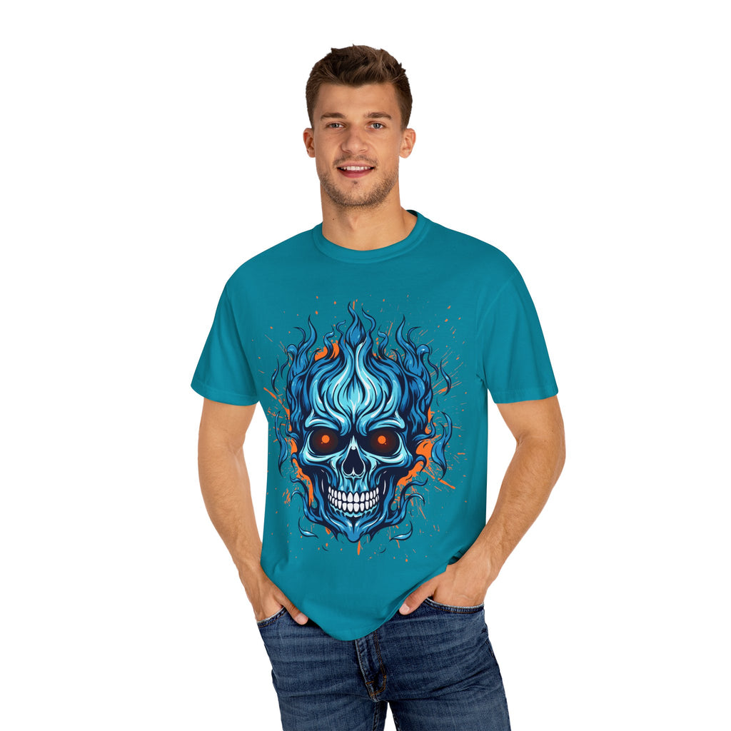 Flame Skull Graphic T-Shirt | Unisex Apparel for Rock Lovers, Halloween Costume, Edgy Style, Concert Fashion, Gift for Him/Her