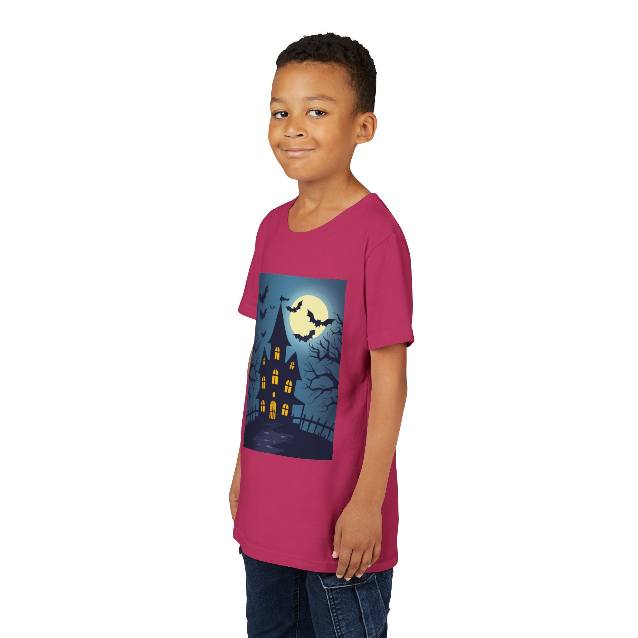 Spooky Halloween Haunted House Youth Tee, Kids Ghost T-Shirt, Haunted House Apparel, Bat Design Shirt, Trick or Treat Clothing