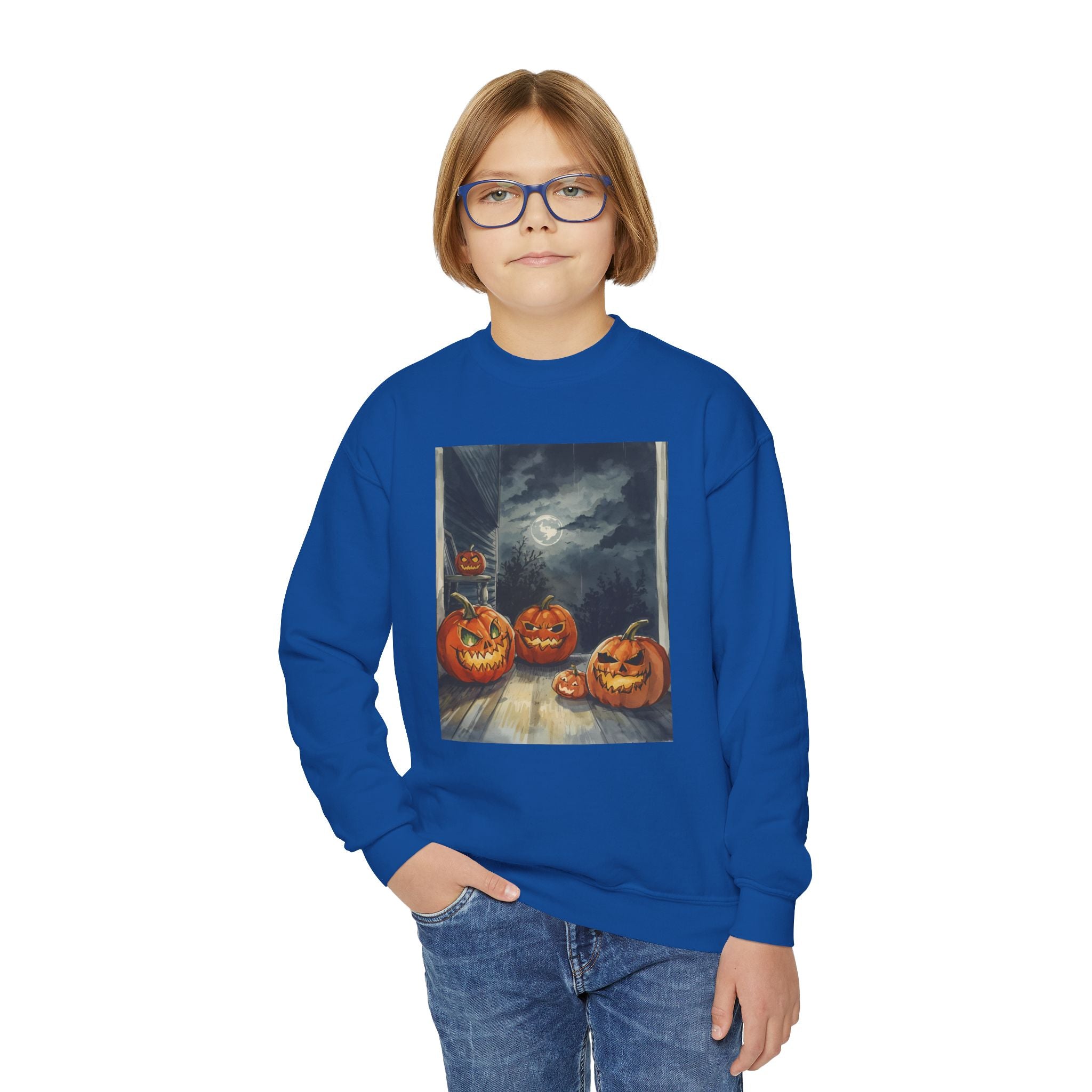 Halloween Pumpkin  Youth Crewneck Sweatshirt, Cozy Fall Sweatshirt, Kids Halloween Apparel, Pumpkin Sweatshirt, Spooky Season Top