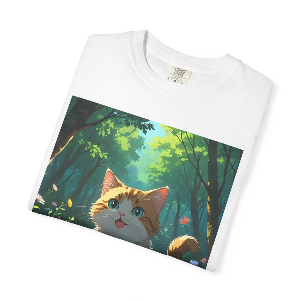 Whimsical Cat In Forest T-Shirt | Nature Lover Gift, Cute Pet Shirt, Animal Art Tee, Summer Outfit, Eco-Friendly Fashion