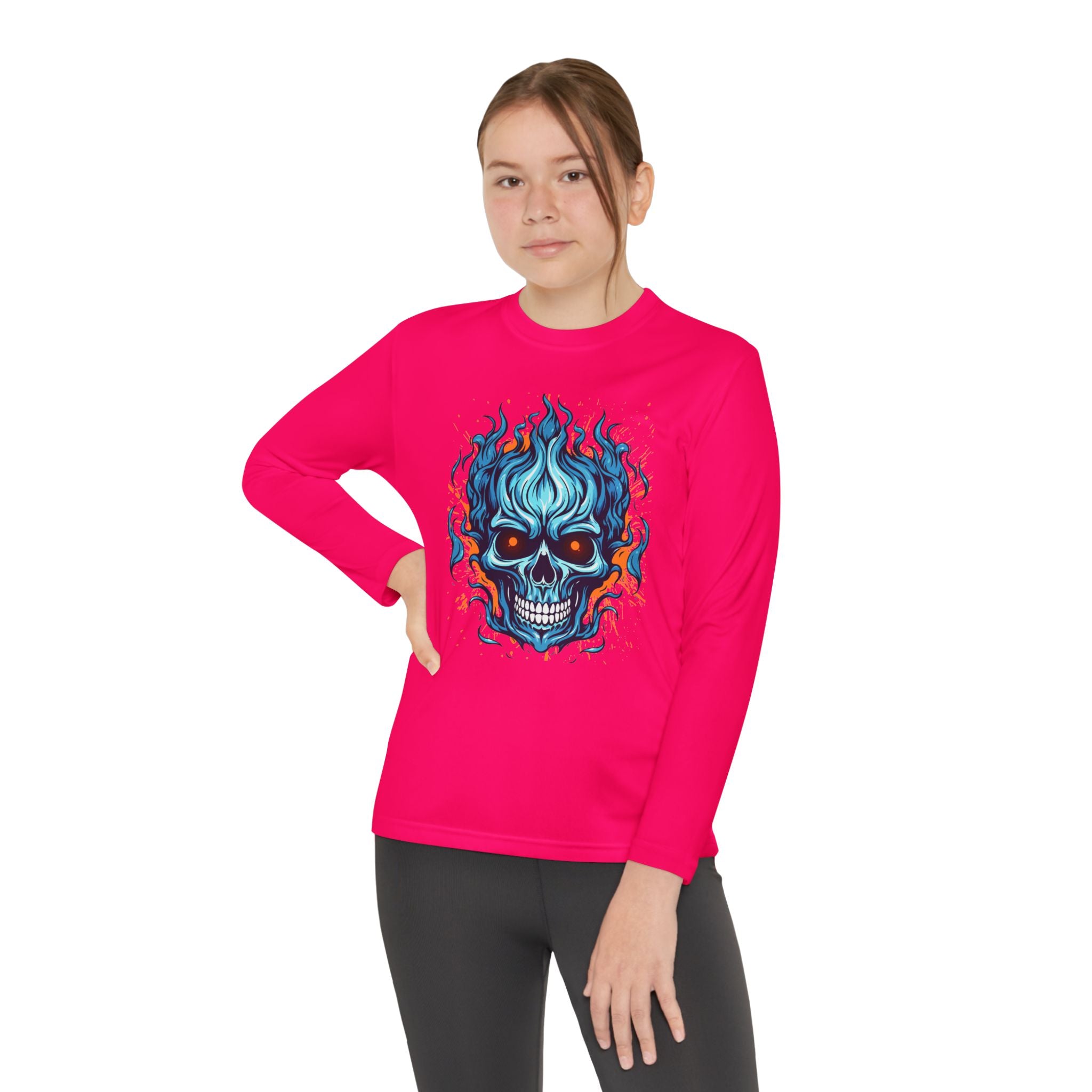 Skull Flame Youth Long Sleeve Skull Tee, Perfect for Halloween, Edgy Gift for Teens, Cozy Casual Wear, Skull Art Graphic Tee, Unique Birthday Present