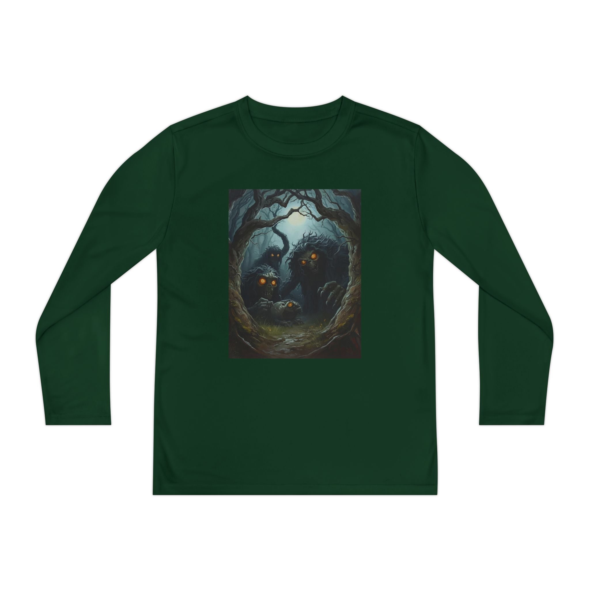 Spooky Forest Creatures Youth Long Sleeve Tee with Enchanted Forest Design, Comfortable Unisex T-Shirt for All Seasons, Perfect for Halloween and Nature Lovers