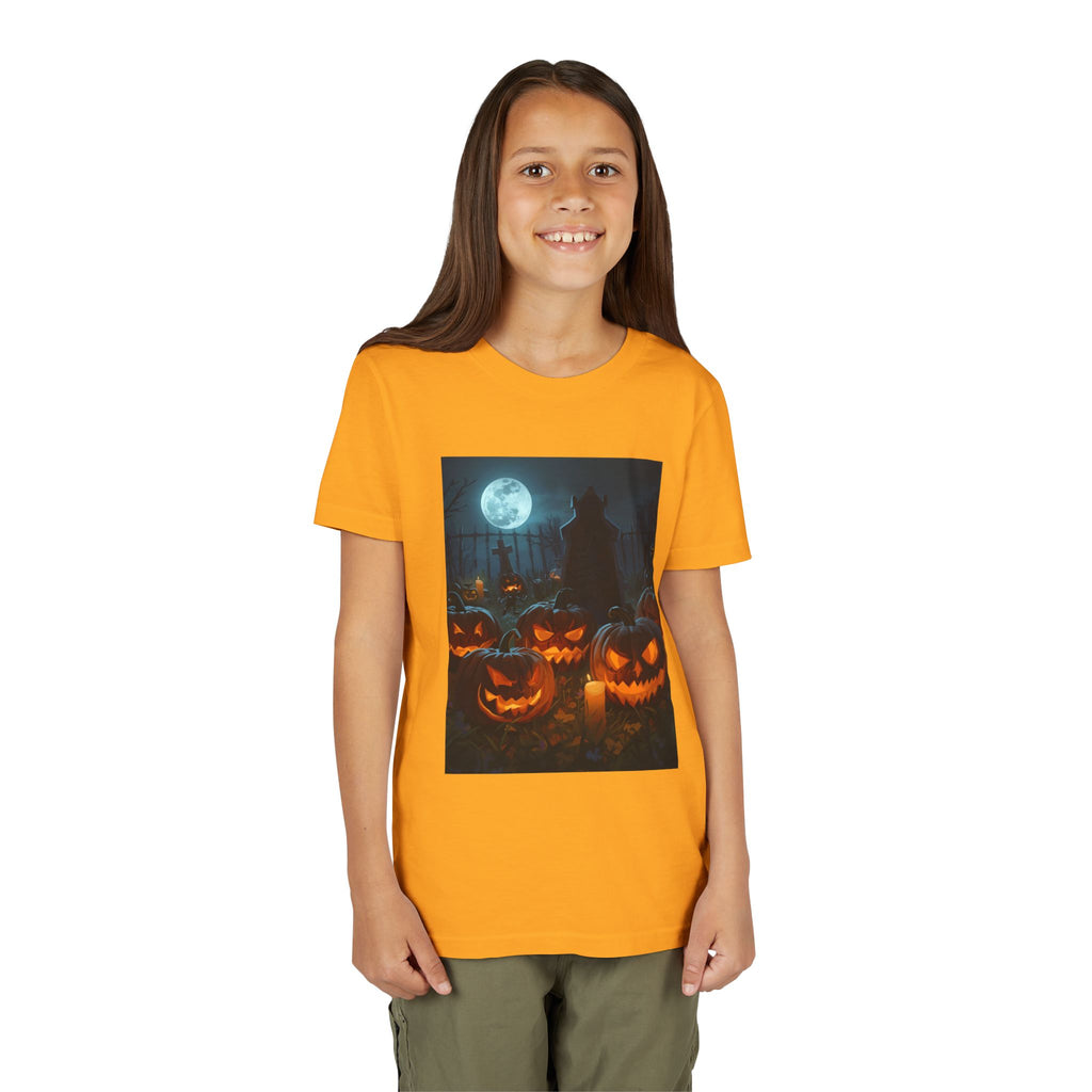 Scary Halloween Pumpkin Youth Short Sleeve Tee, Cute Halloween Shirt, Kids Costume Top, Spooky Tees, Trick or Treat Shirt
