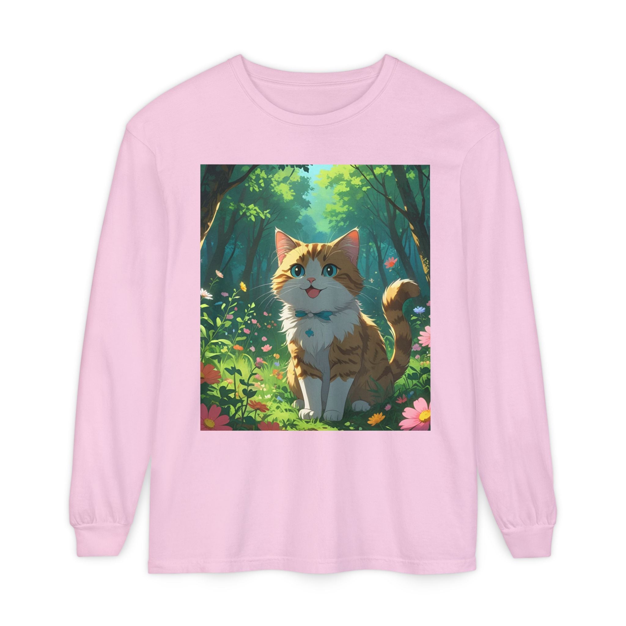 Whimsical Cat In Forest Long Sleeve T-Shirt - Perfect for Cat Lovers, Nature Enthusiasts, Gifts, Cozy Wear, Everyday Style