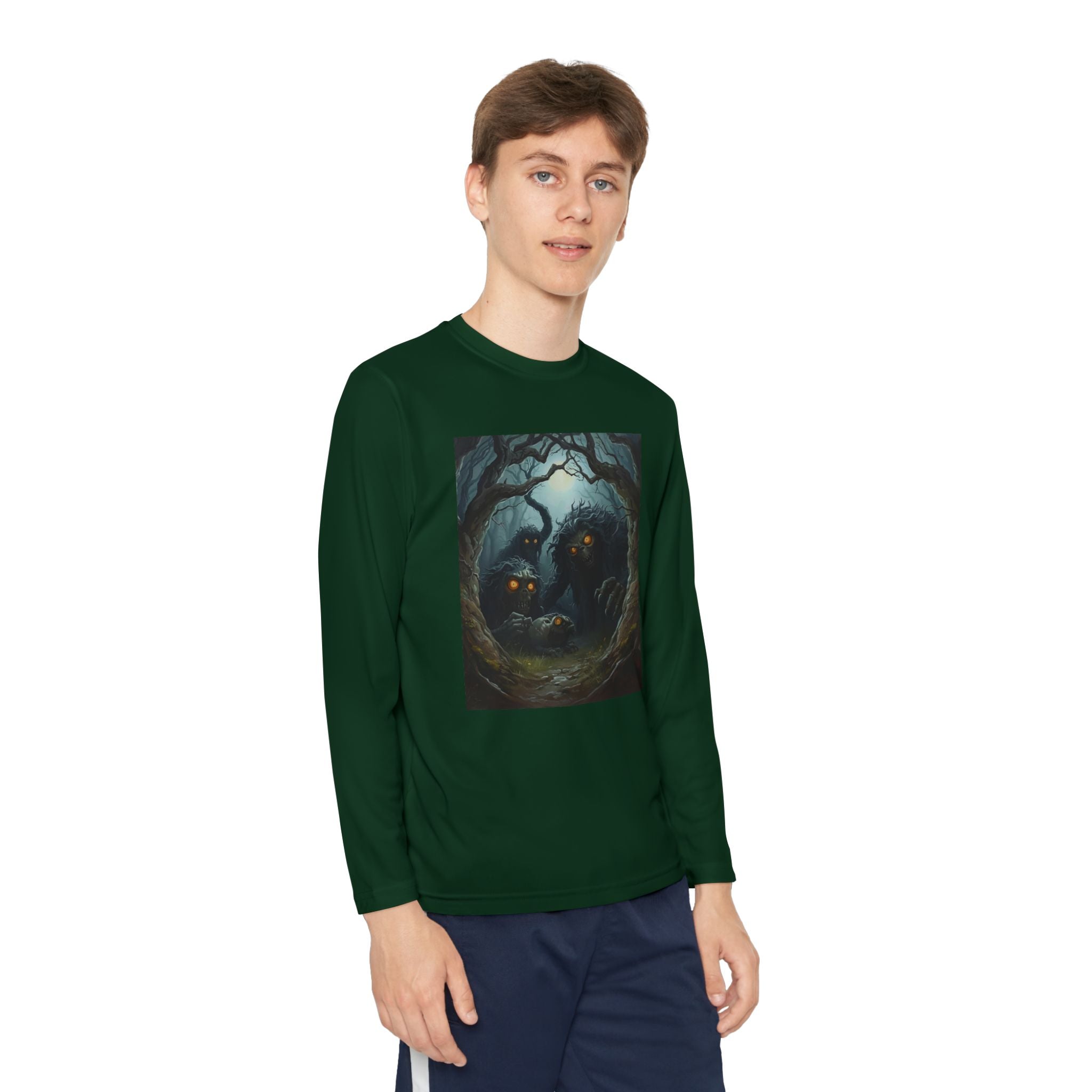 Spooky Forest Creatures Youth Long Sleeve Tee with Enchanted Forest Design, Comfortable Unisex T-Shirt for All Seasons, Perfect for Halloween and Nature Lovers
