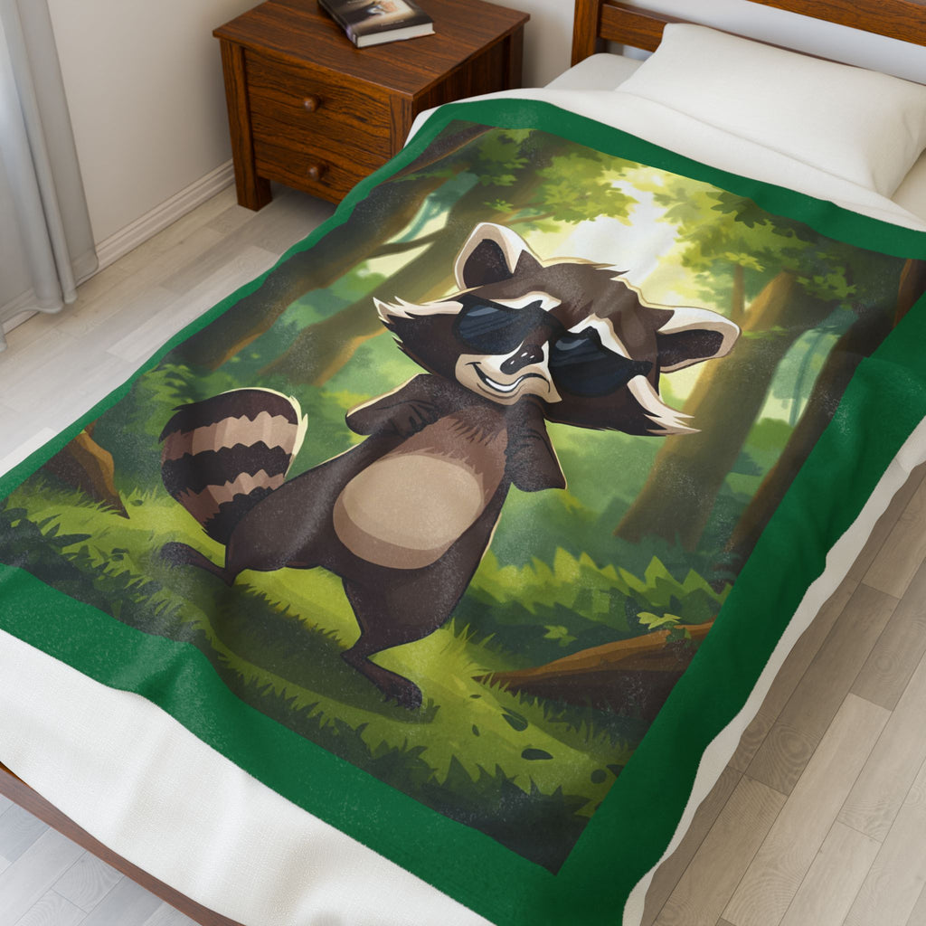 Playful Raccoon Velveteen Plush Blanket | Cozy Kids Decor, Animal Lover Gift, Soft Throw for Nurseries, Fun Room Accent, Birthday Present