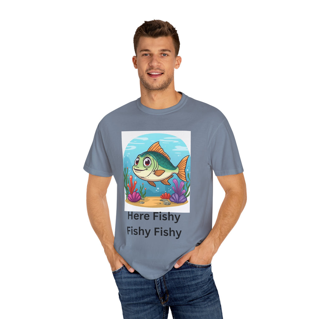 Here Fishy Fishy Fishy Colorful Fish-Themed Unisex T-Shirt, Fun Graphic Tee for Kids and Adults, Perfect for Summer, Fishing Trips, and Gift Giving