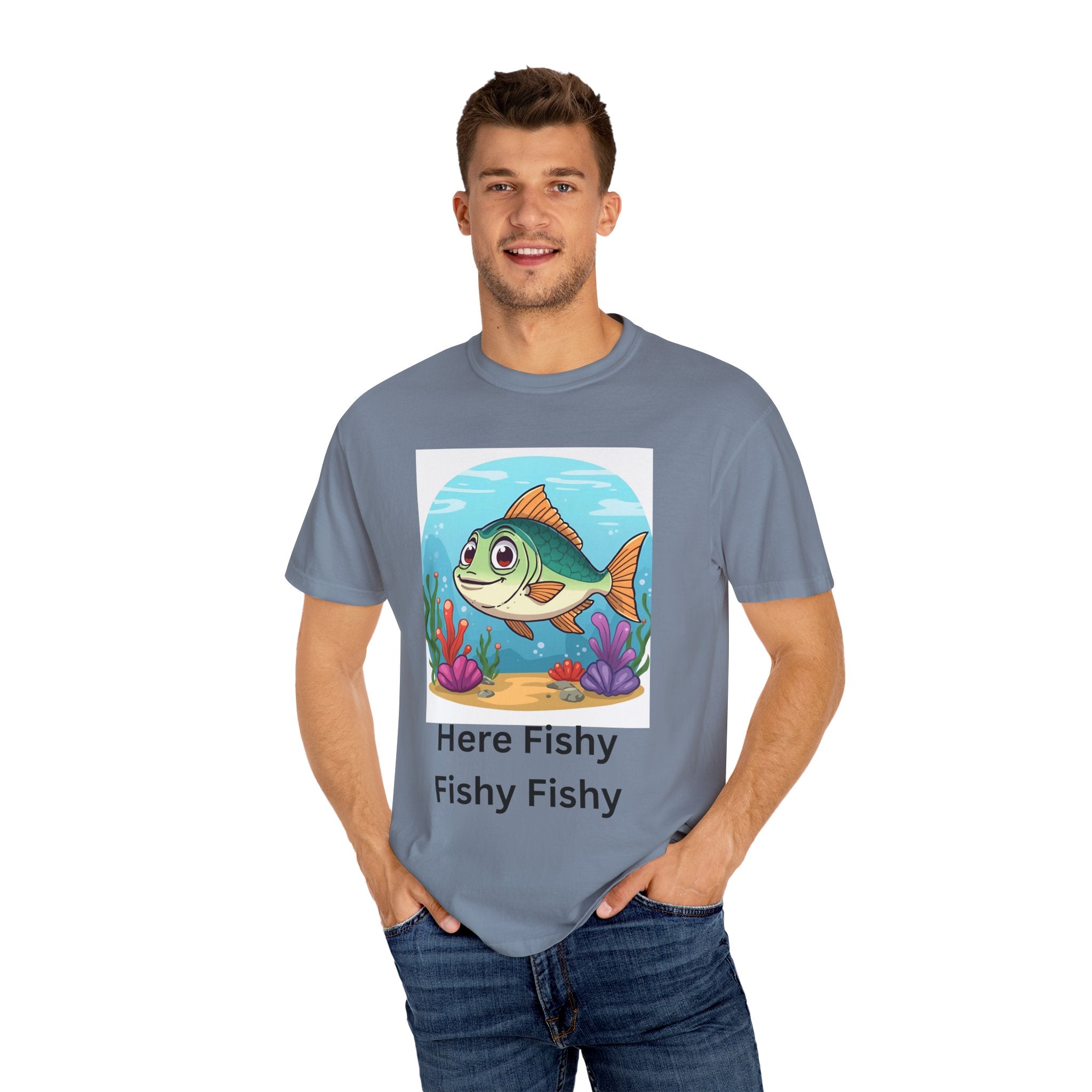 Here Fishy Fishy Fishy Colorful Fish-Themed Unisex T-Shirt, Fun Graphic Tee for Kids and Adults, Perfect for Summer, Fishing Trips, and Gift Giving