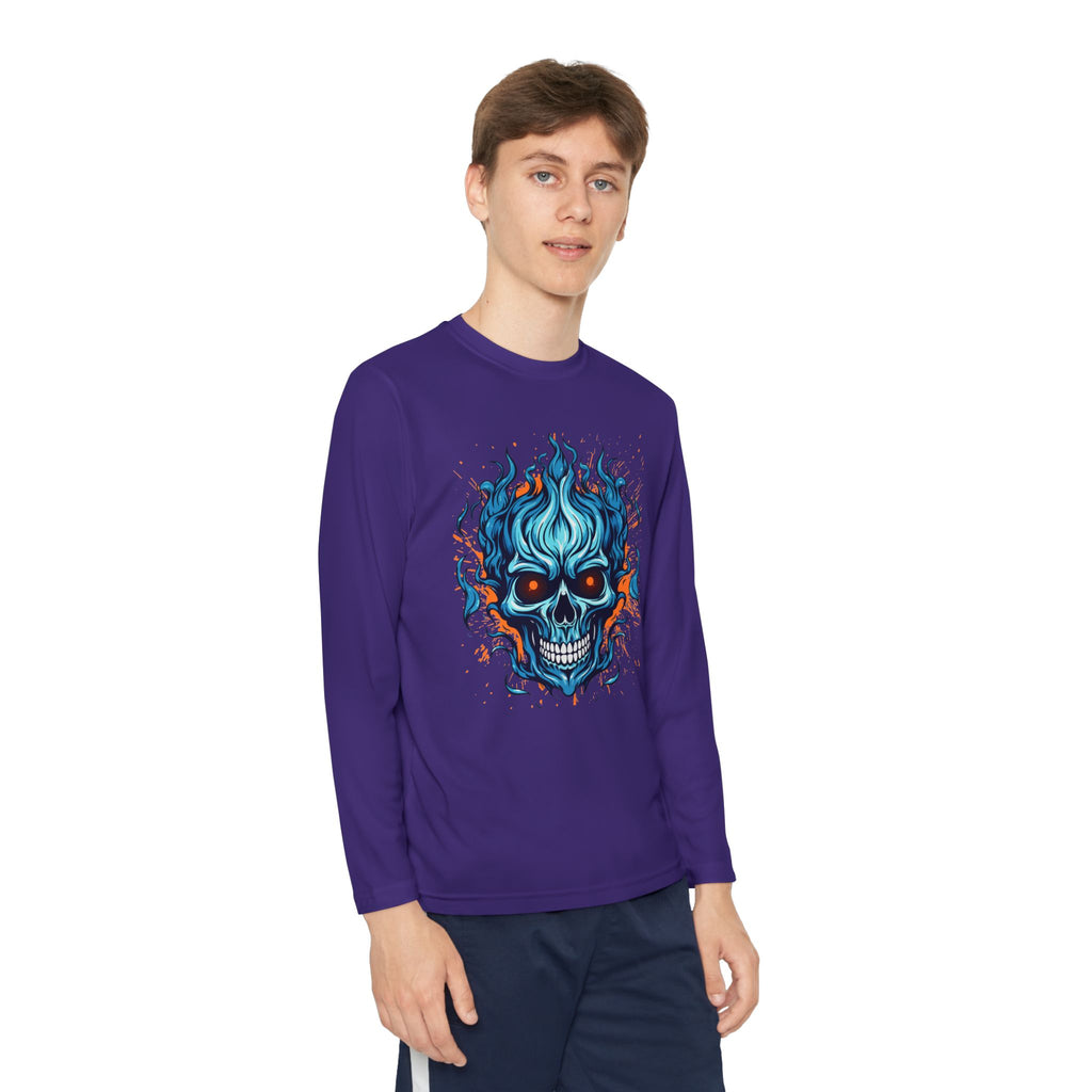 Skull Flame Youth Long Sleeve Skull Tee, Perfect for Halloween, Edgy Gift for Teens, Cozy Casual Wear, Skull Art Graphic Tee, Unique Birthday Present