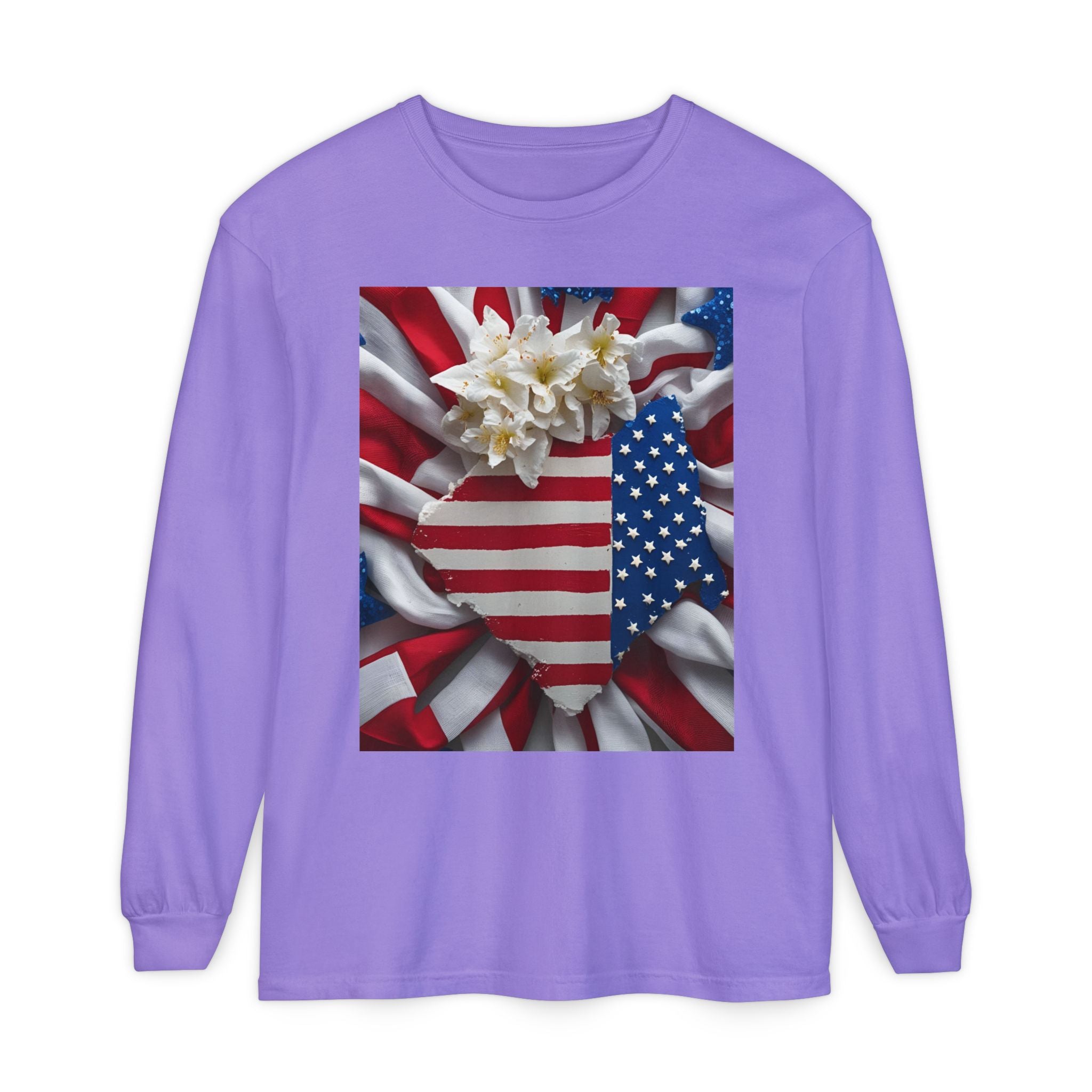 Patriotic Long Sleeve T-Shirt | Unisex Garment-Dyed Tee for Independence Day, Memorial Day, Fourth of July, Summer BBQs, Gifts