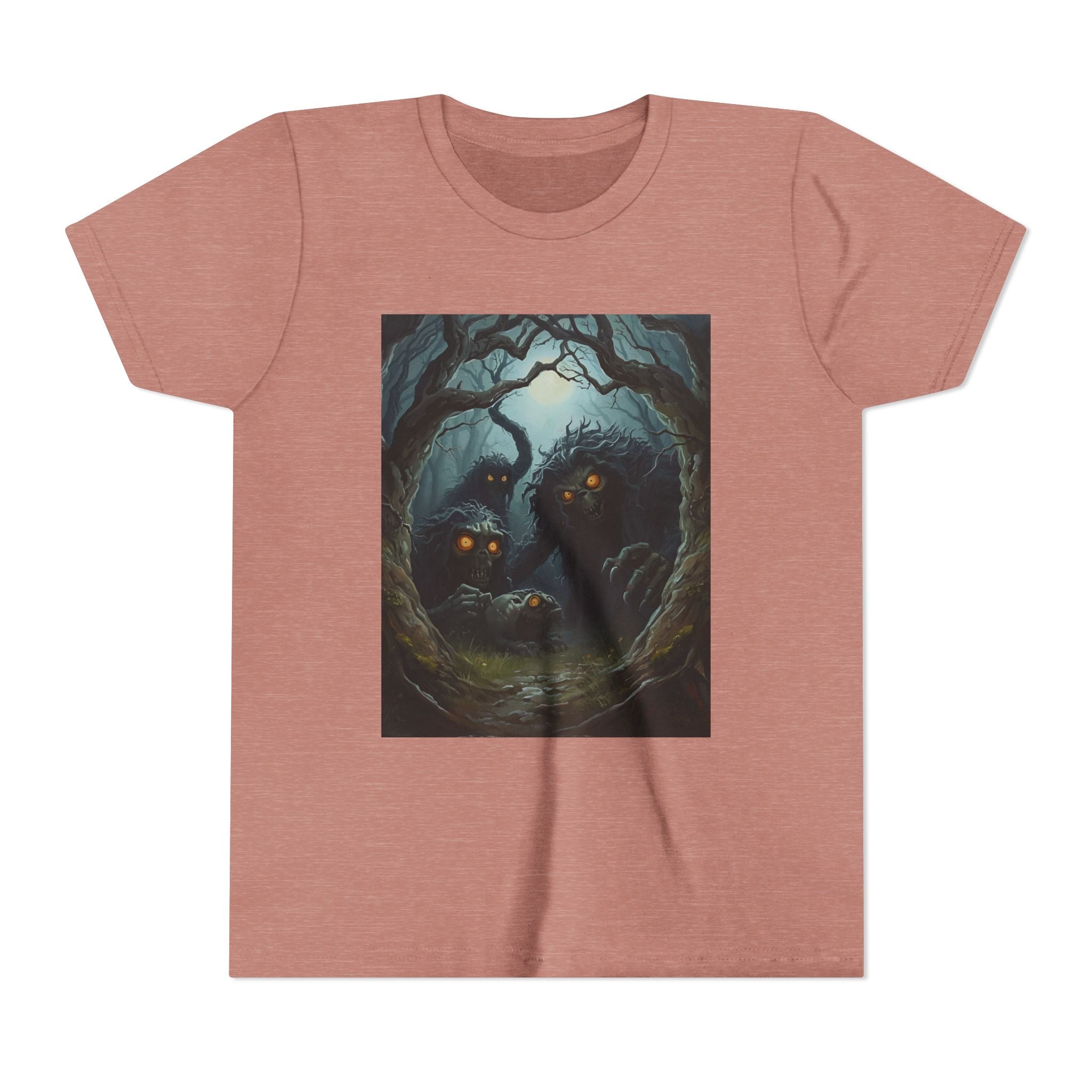 Spooky Mystical Forest Creatures Youth Tee, Cool Graphic T-Shirt, Kids Nature Shirt, Unique Gift for Boys & Girls, Perfect for Halloween