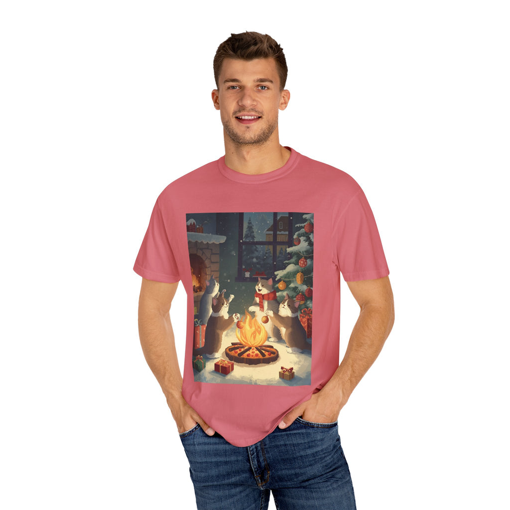 Cozy Cat Campfire T-shirt, Unisex Garment-Dyed Tee, Holiday Gift, Cat Lover Gift, Cute Winter T-shirt, Cozy Nightwear, Christmas Shirt