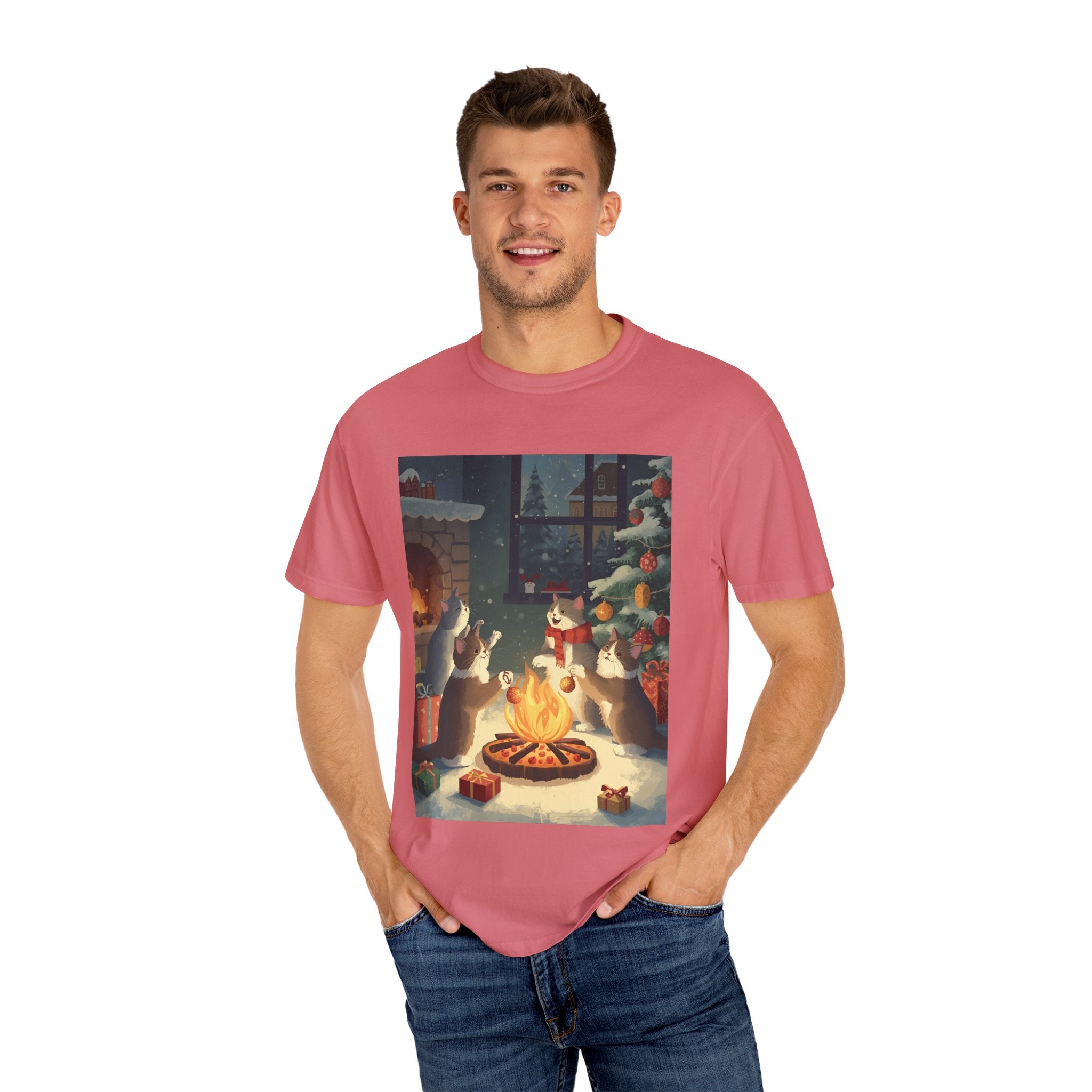 Cozy Cat Campfire T-shirt, Unisex Garment-Dyed Tee, Holiday Gift, Cat Lover Gift, Cute Winter T-shirt, Cozy Nightwear, Christmas Shirt