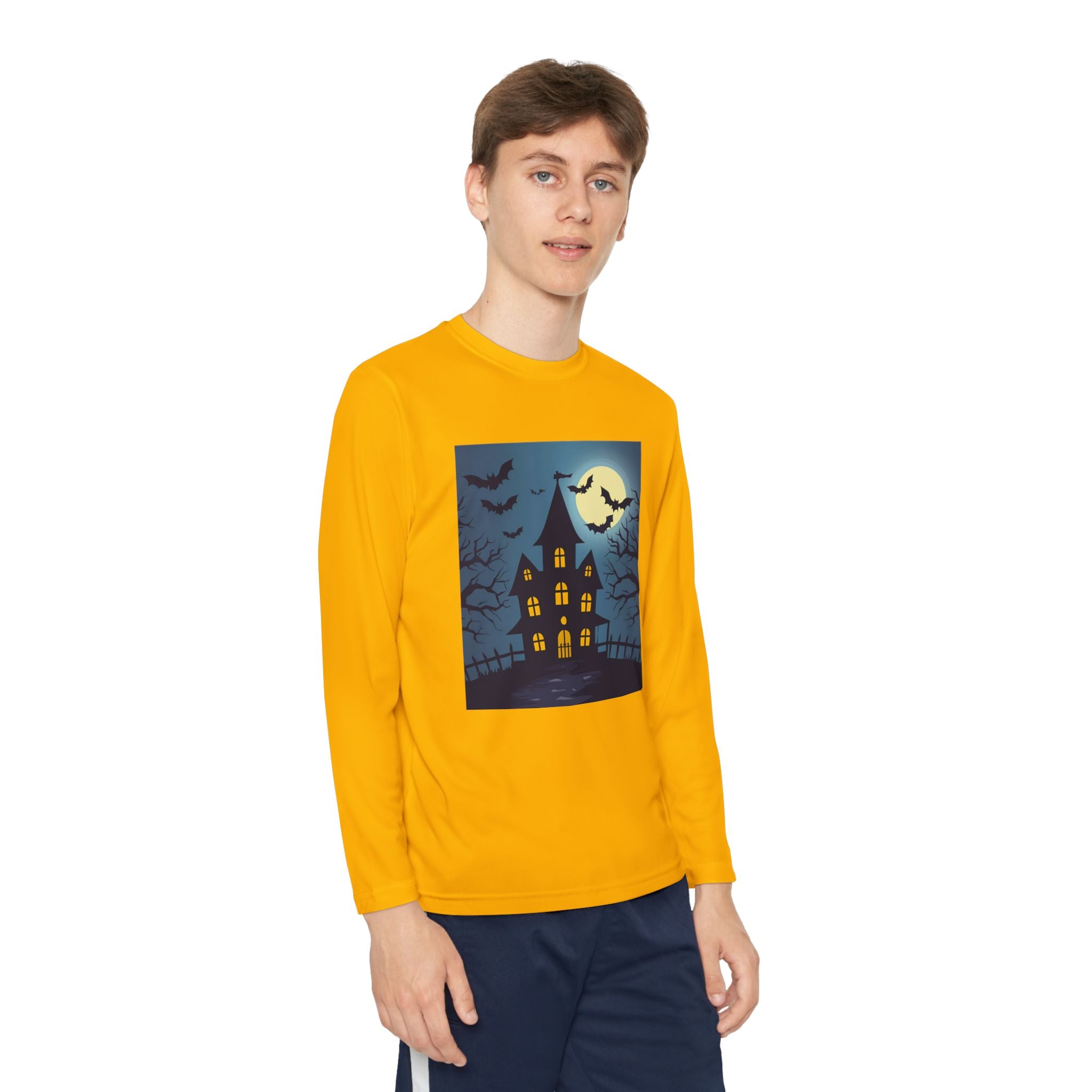 Halloween Haunted House Youth Long Sleeve Tee, Halloween Shirt, Spooky Tee, Ghostly Nightwear, Fall Apparel, Kids Halloween Costume
