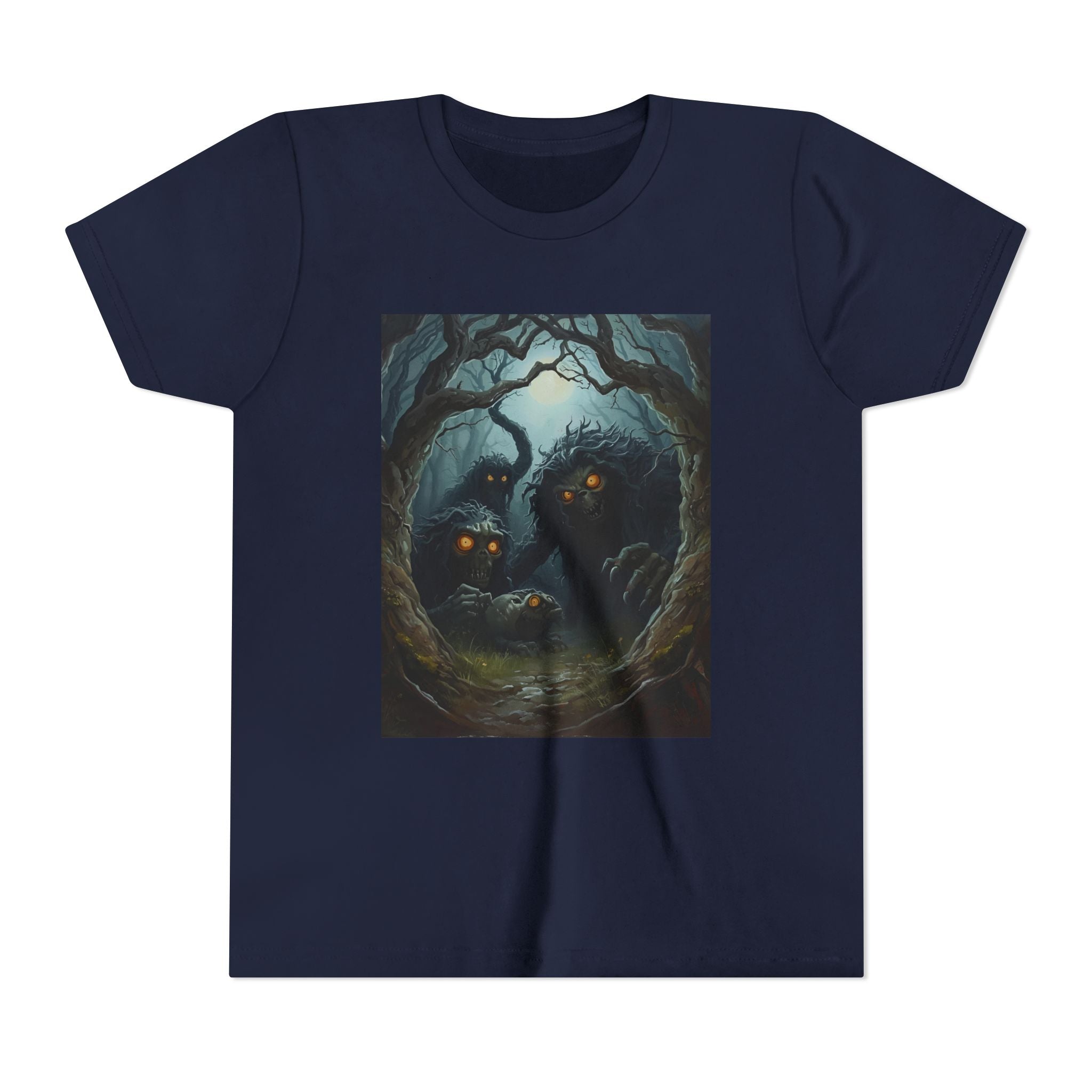 Spooky Mystical Forest Creatures Youth Tee, Cool Graphic T-Shirt, Kids Nature Shirt, Unique Gift for Boys & Girls, Perfect for Halloween