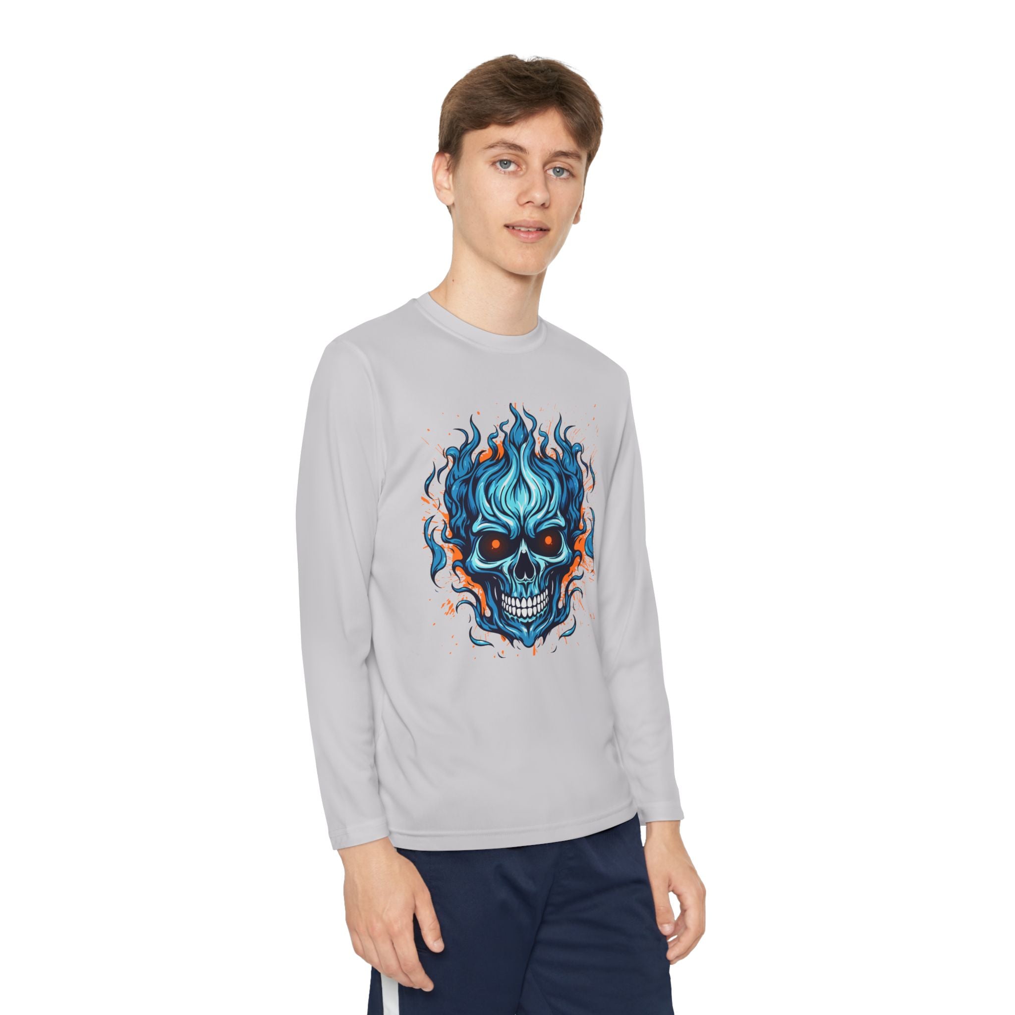 Skull Flame Youth Long Sleeve Skull Tee, Perfect for Halloween, Edgy Gift for Teens, Cozy Casual Wear, Skull Art Graphic Tee, Unique Birthday Present