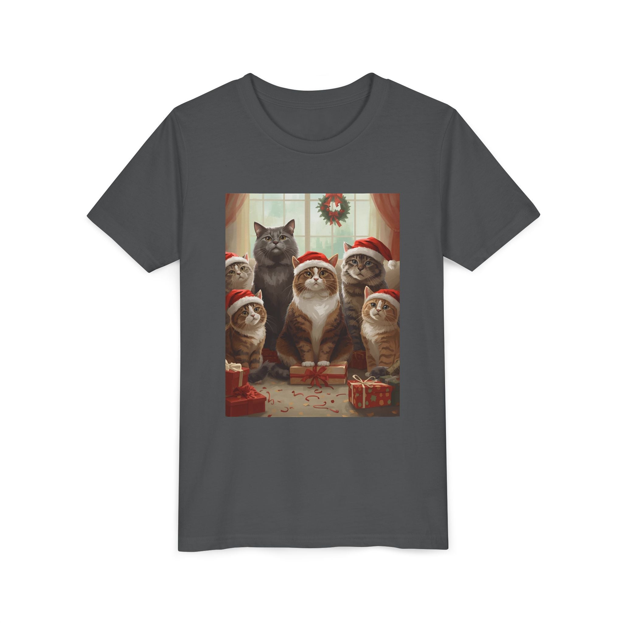Cute Festive Christmas Cat Youth Short Sleeve Tee